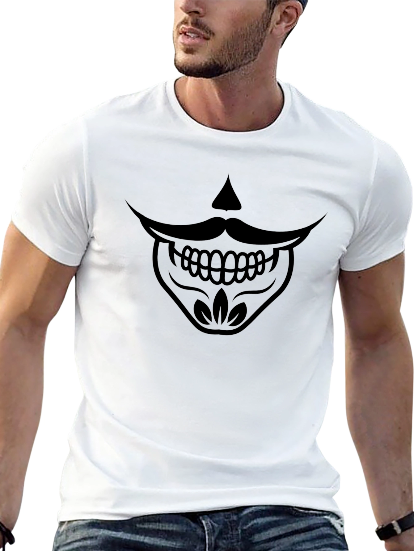 Mens Black T-Shirt - Moustache Skull Graphic