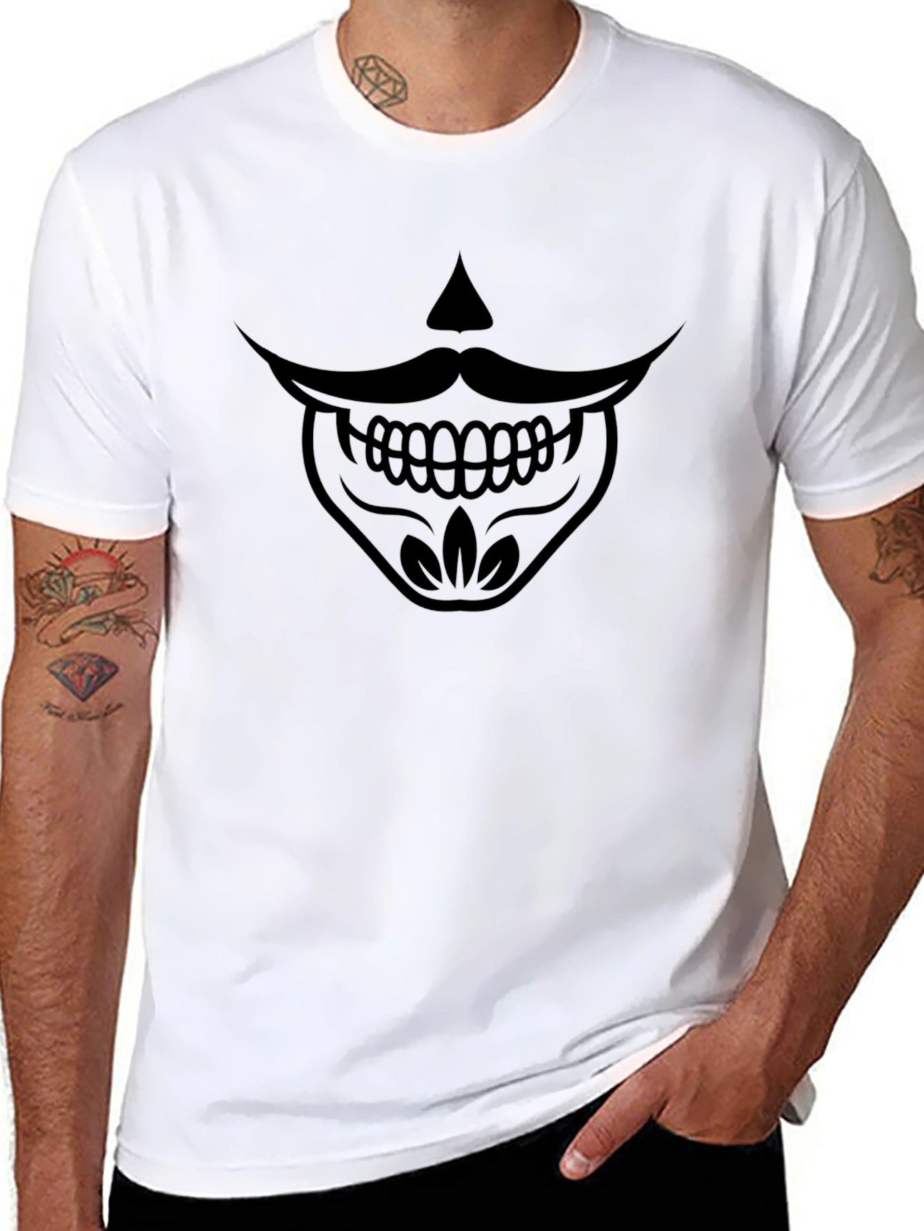 Mens Black T-Shirt - Moustache Skull Graphic