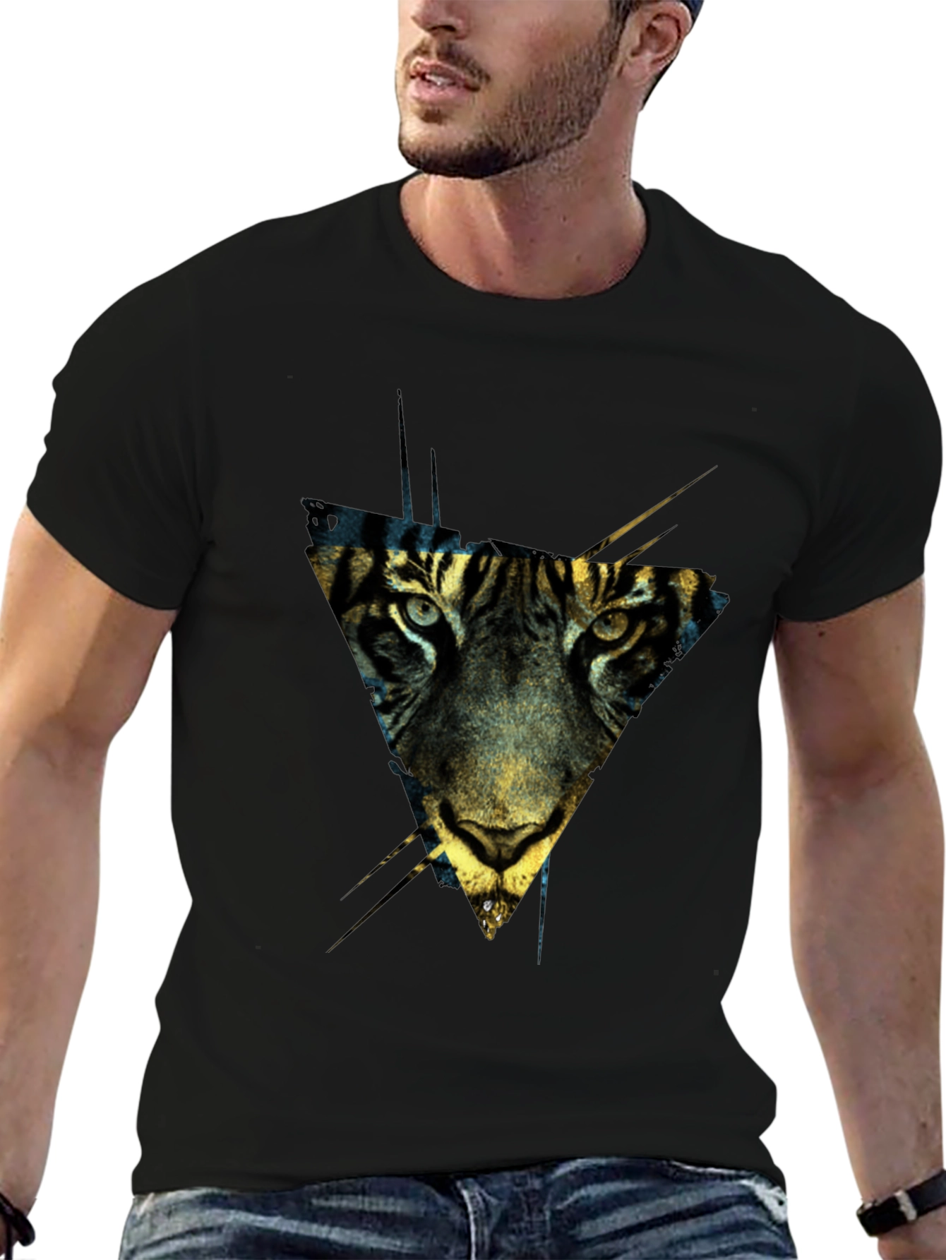 Geometric Tiger Print Black T-Shirt