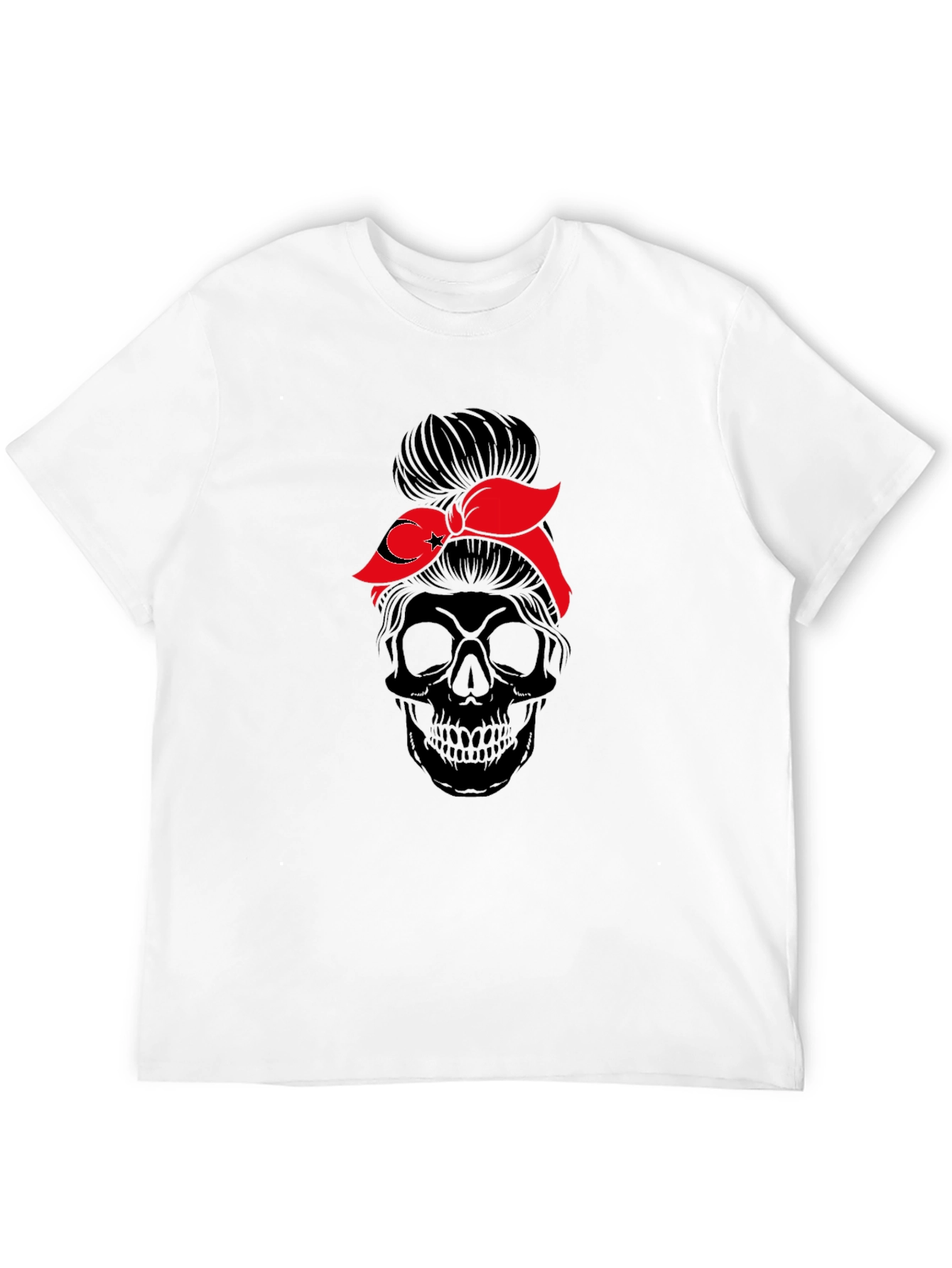 Skull Messy Bun T-Shirt - Turkish Flag Bandana