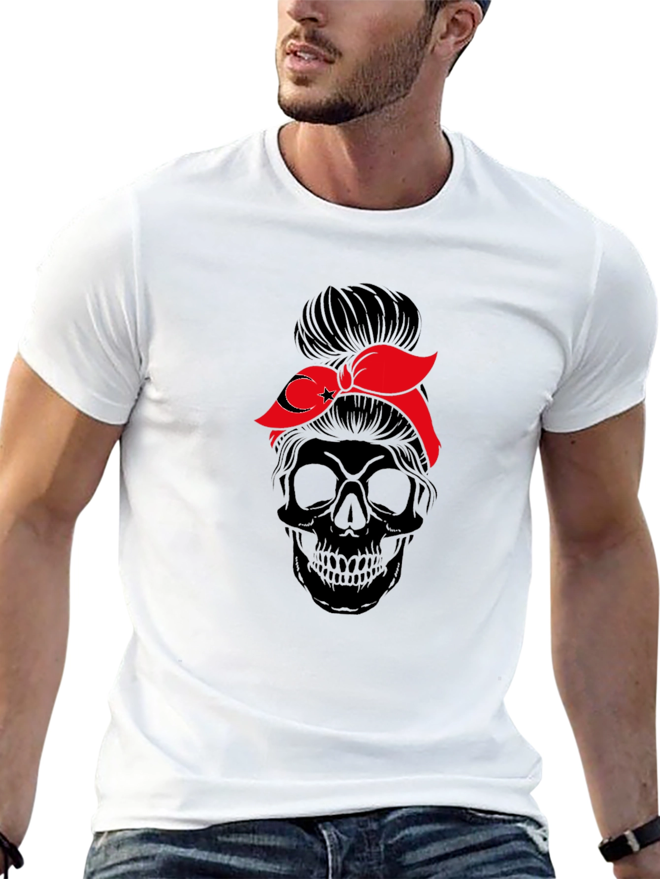 Skull Messy Bun T-Shirt - Turkish Flag Bandana