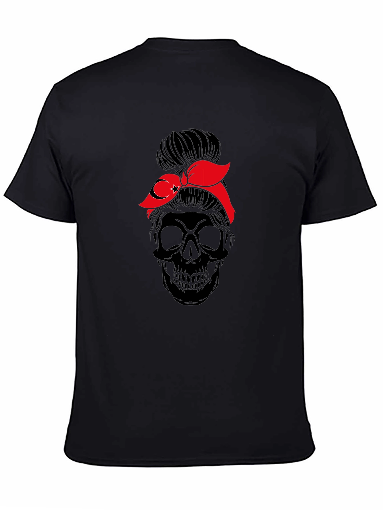 Skull Messy Bun T-Shirt - Turkish Flag Bandana