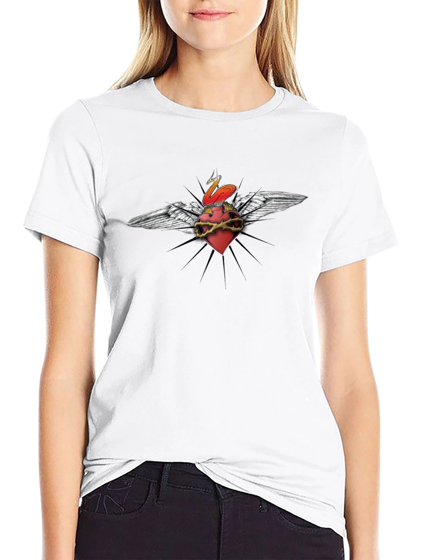 Edgy Heart & Wings Graphic Print Black T-Shirt