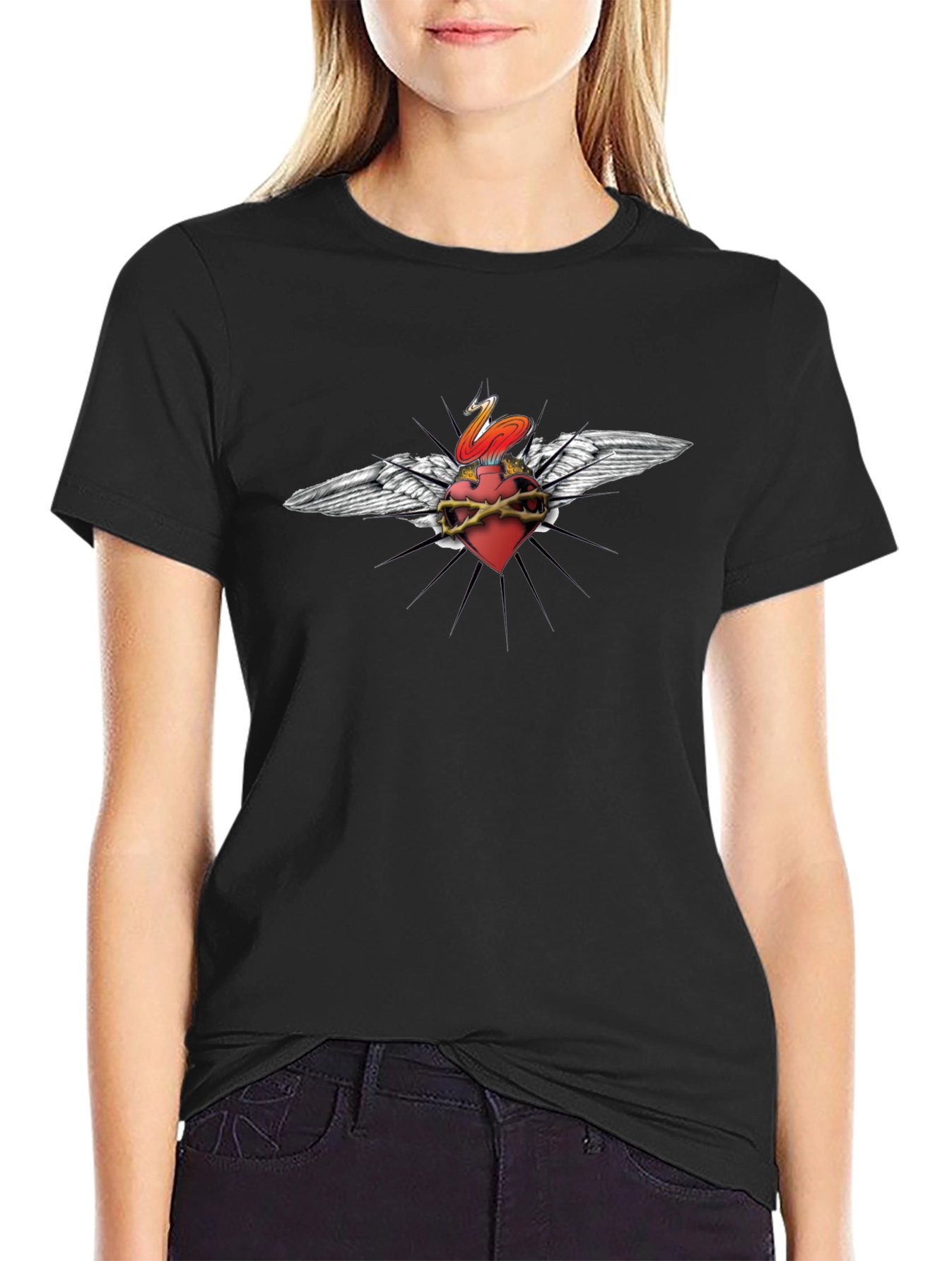 Edgy Heart & Wings Graphic Print Black T-Shirt