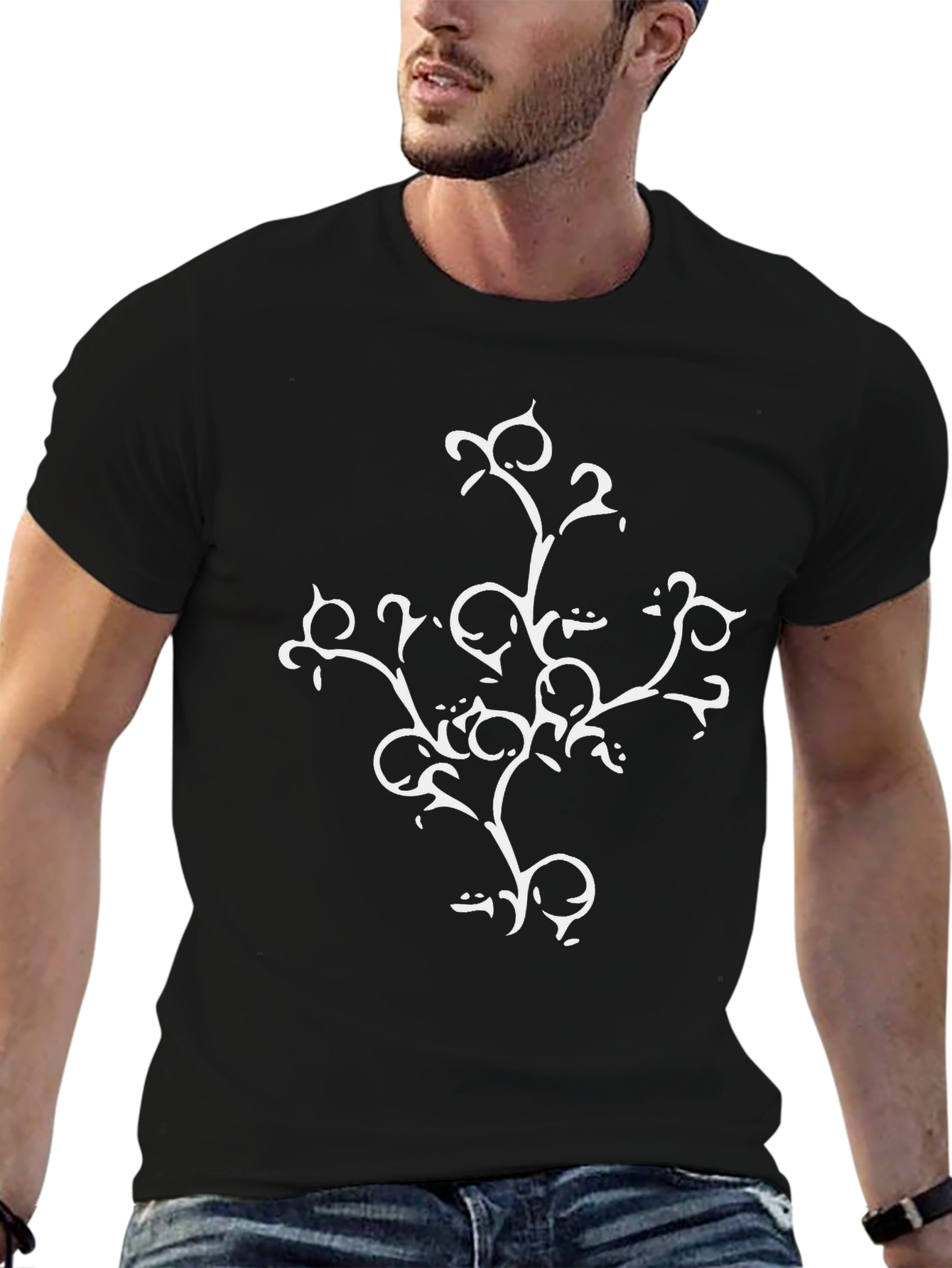 Black T-Shirt with White Botanical Design