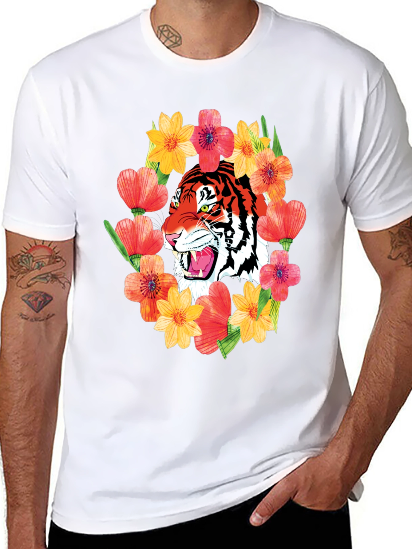 Tiger & Floral Graphic Print T-Shirt