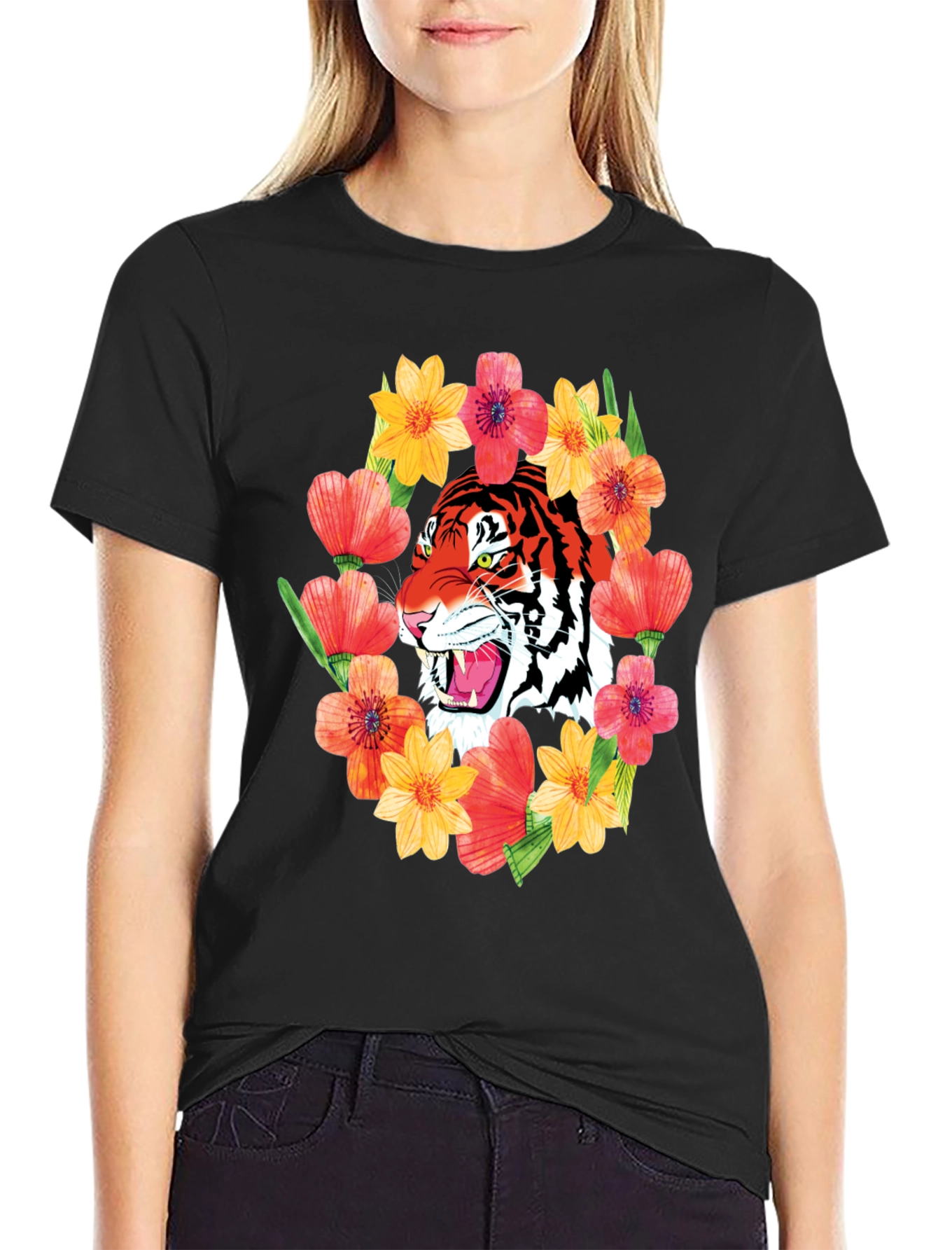 Tiger & Floral Graphic Print T-Shirt