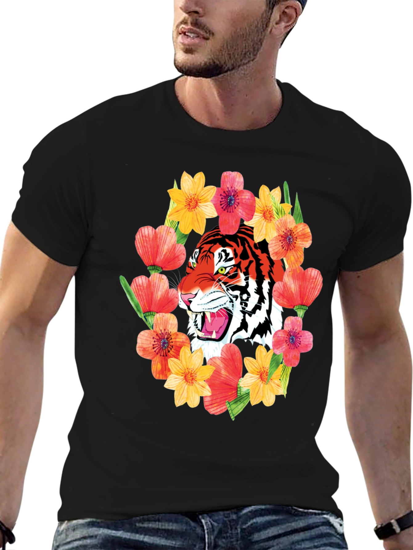 Tiger & Floral Graphic Print T-Shirt
