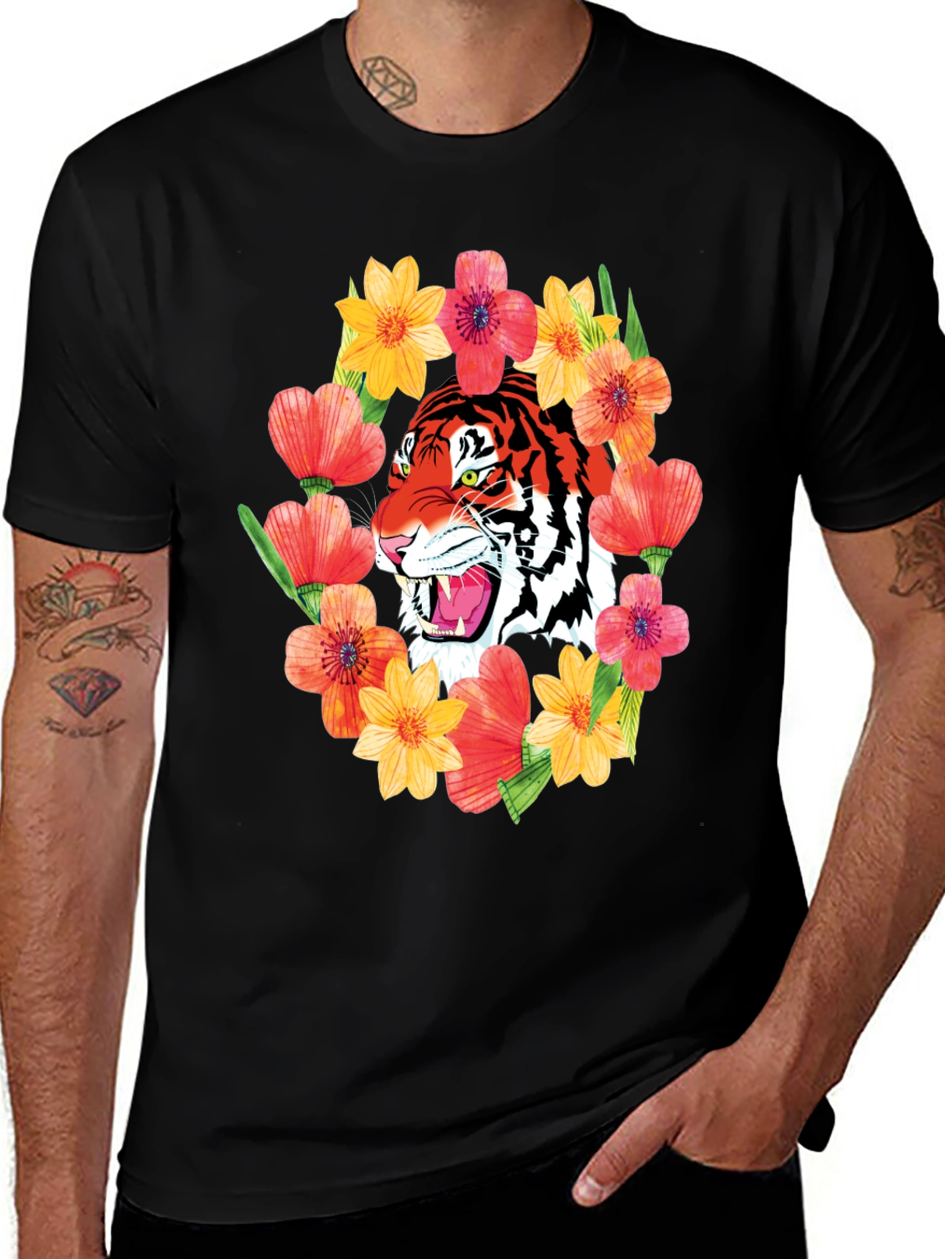 Tiger & Floral Graphic Print T-Shirt