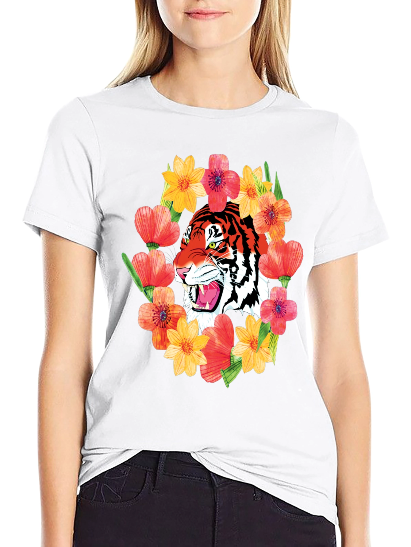 Tiger & Floral Graphic Print T-Shirt
