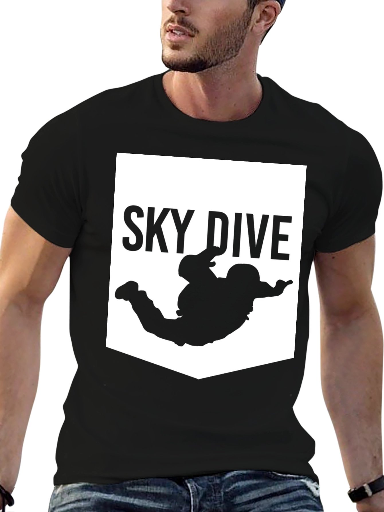 Sky Dive Graphic Print T-Shirt - Black Cotton Blend