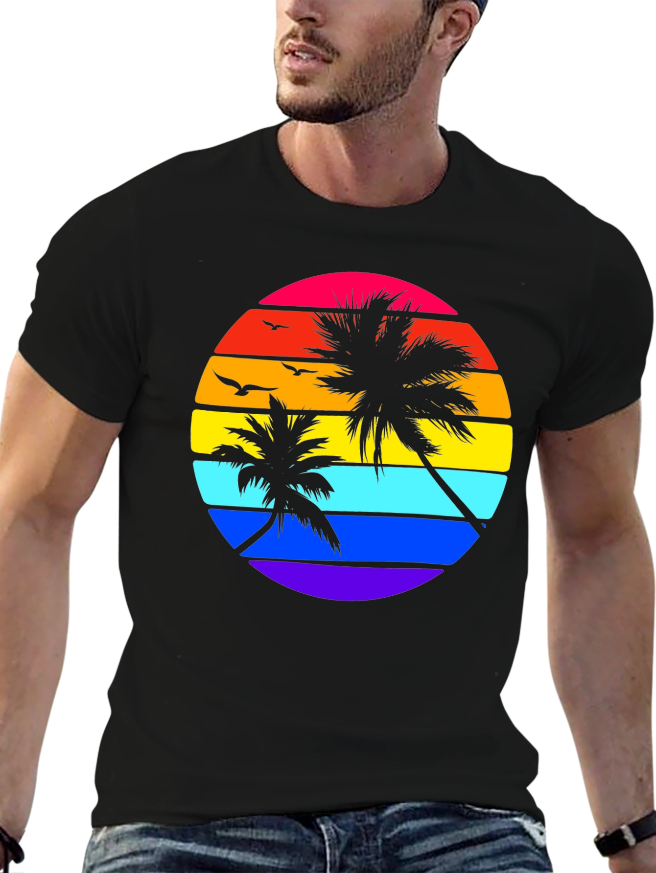 Retro Sunset Palm Tee - Black Graphic T-Shirt