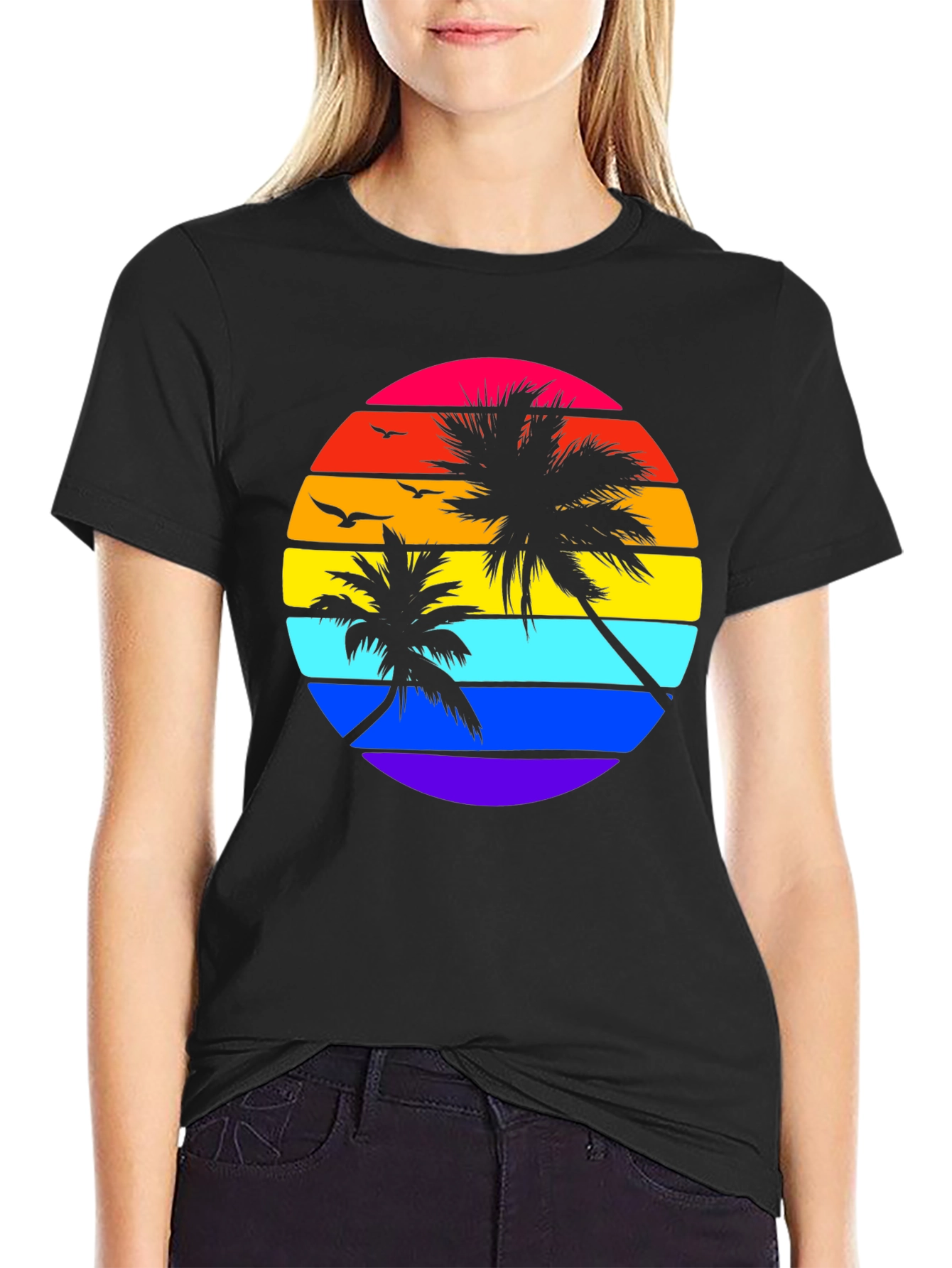 Retro Sunset Palm Tee - Black Graphic T-Shirt