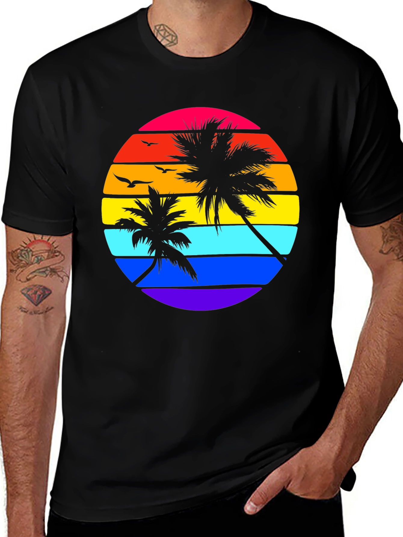 Retro Sunset Palm Tee - Black Graphic T-Shirt