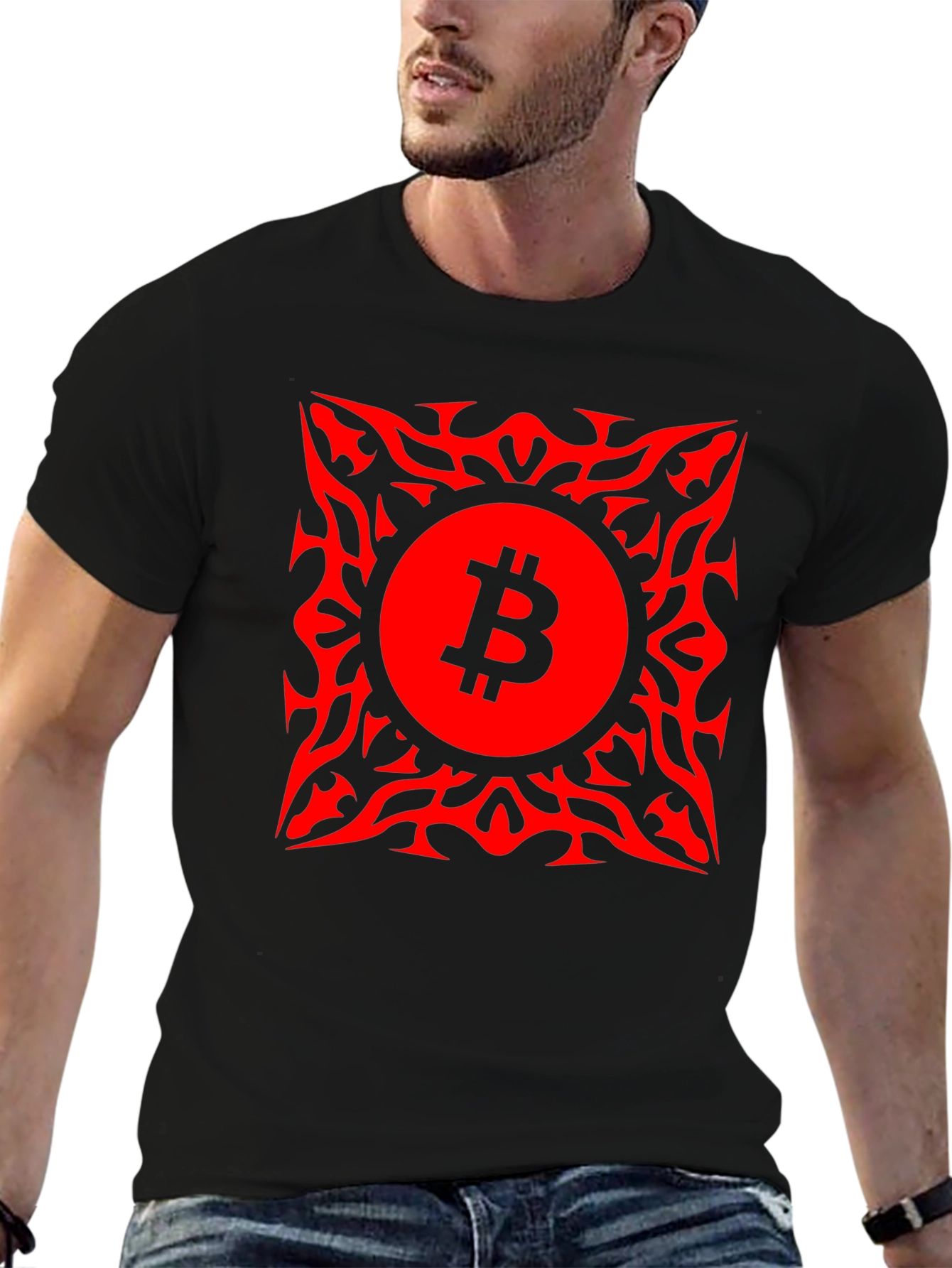 Bitcoin Red Tribal Graphic T-Shirt Crypto BTC