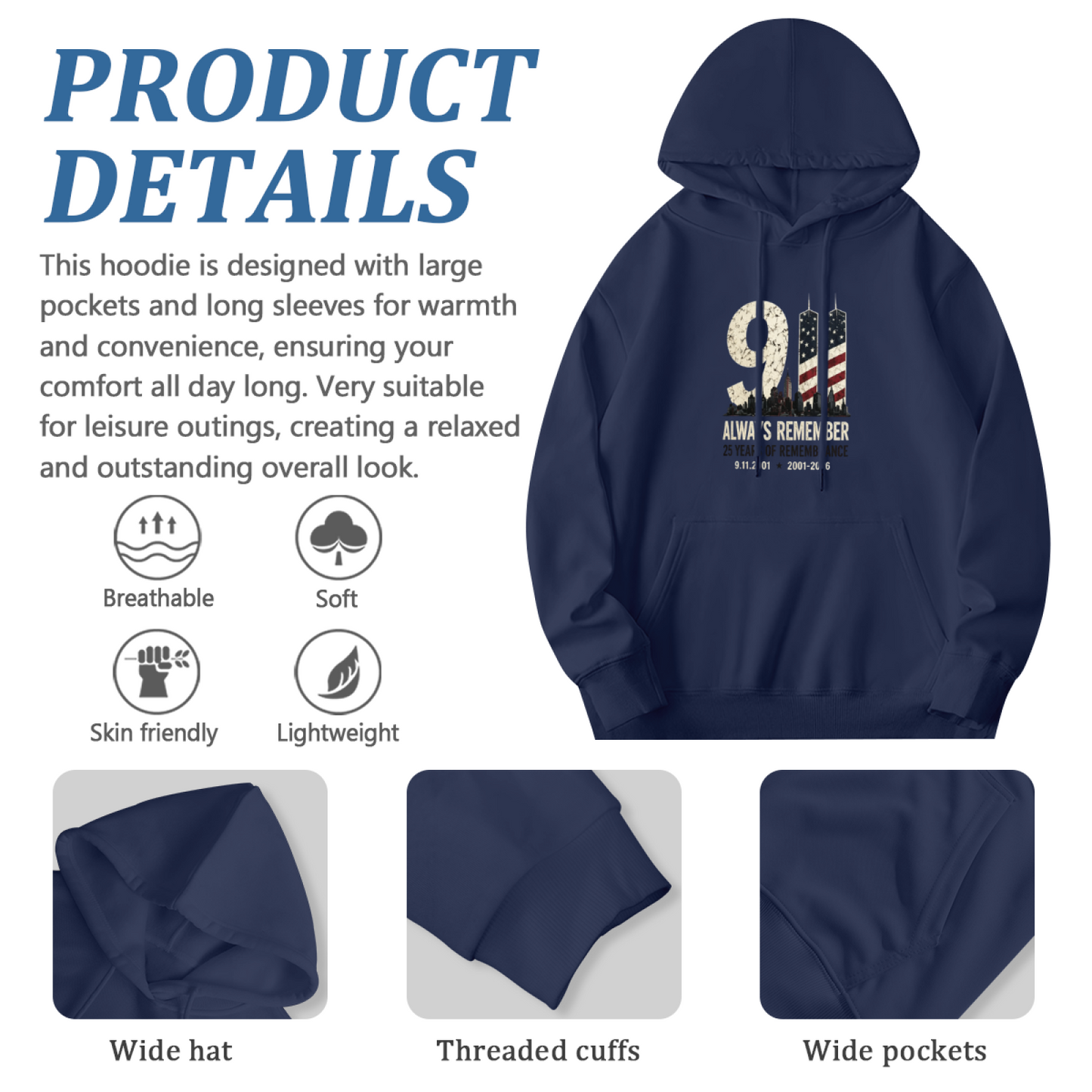 Always Remember 9/11 Vintage American Flag Twin Towers Hoodie