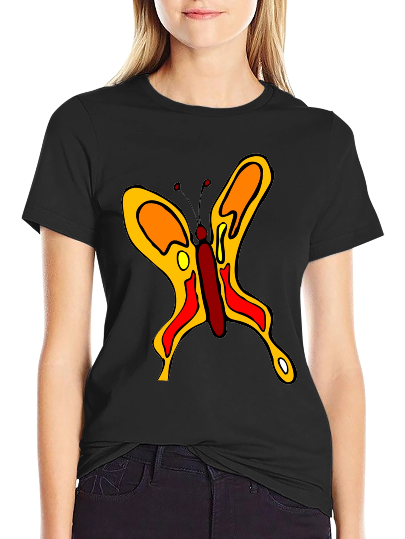 Butterfly Graphic Black Cotton Casual T-Shirt