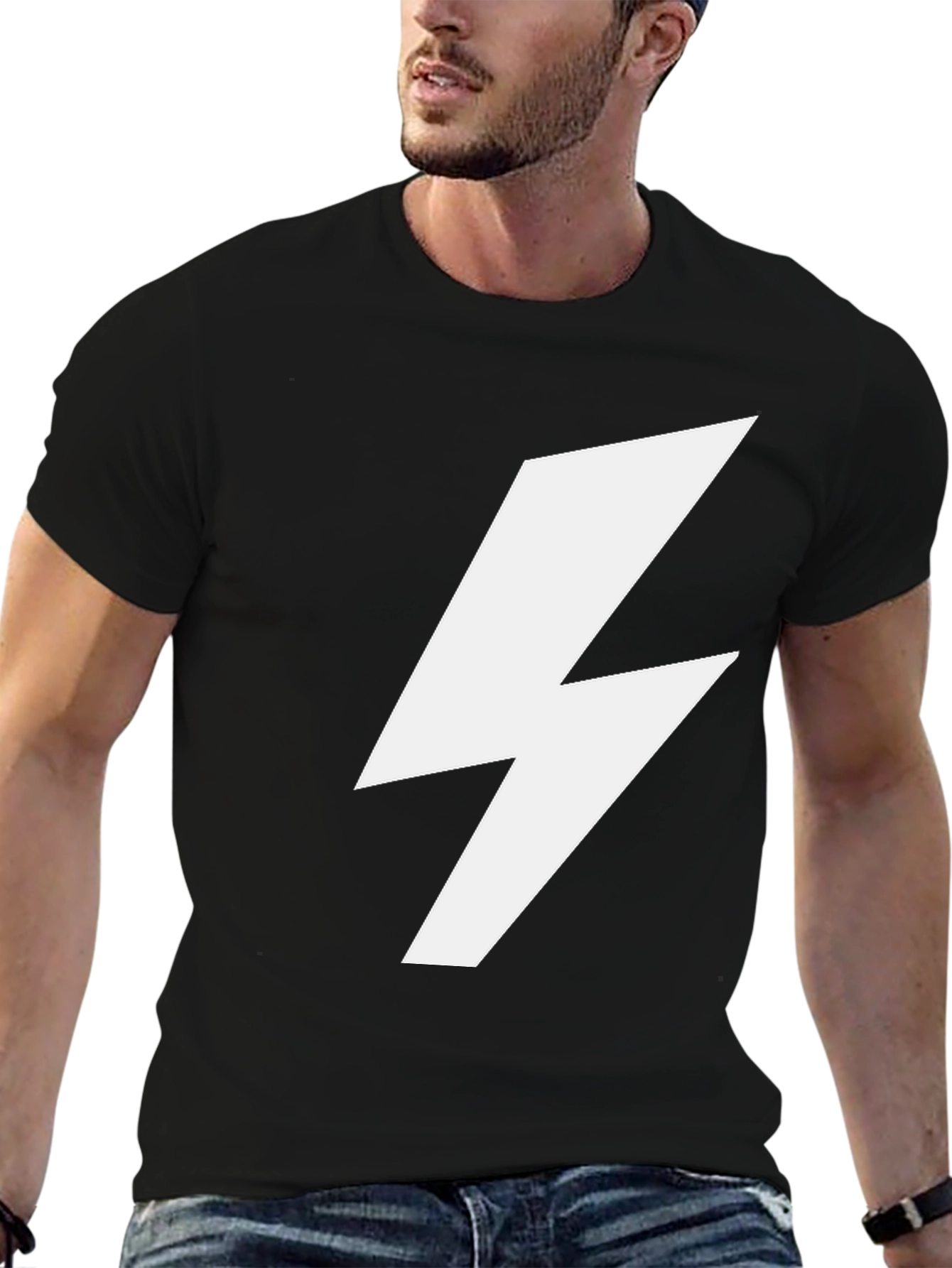 Black T-Shirt with White Lightning Bolt Graphic