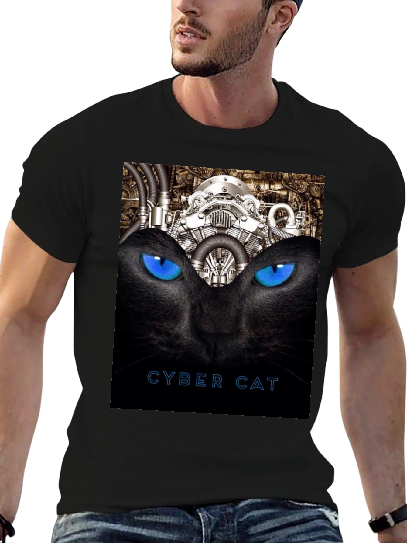 Cyber Cat Graphic T-Shirt - Black
