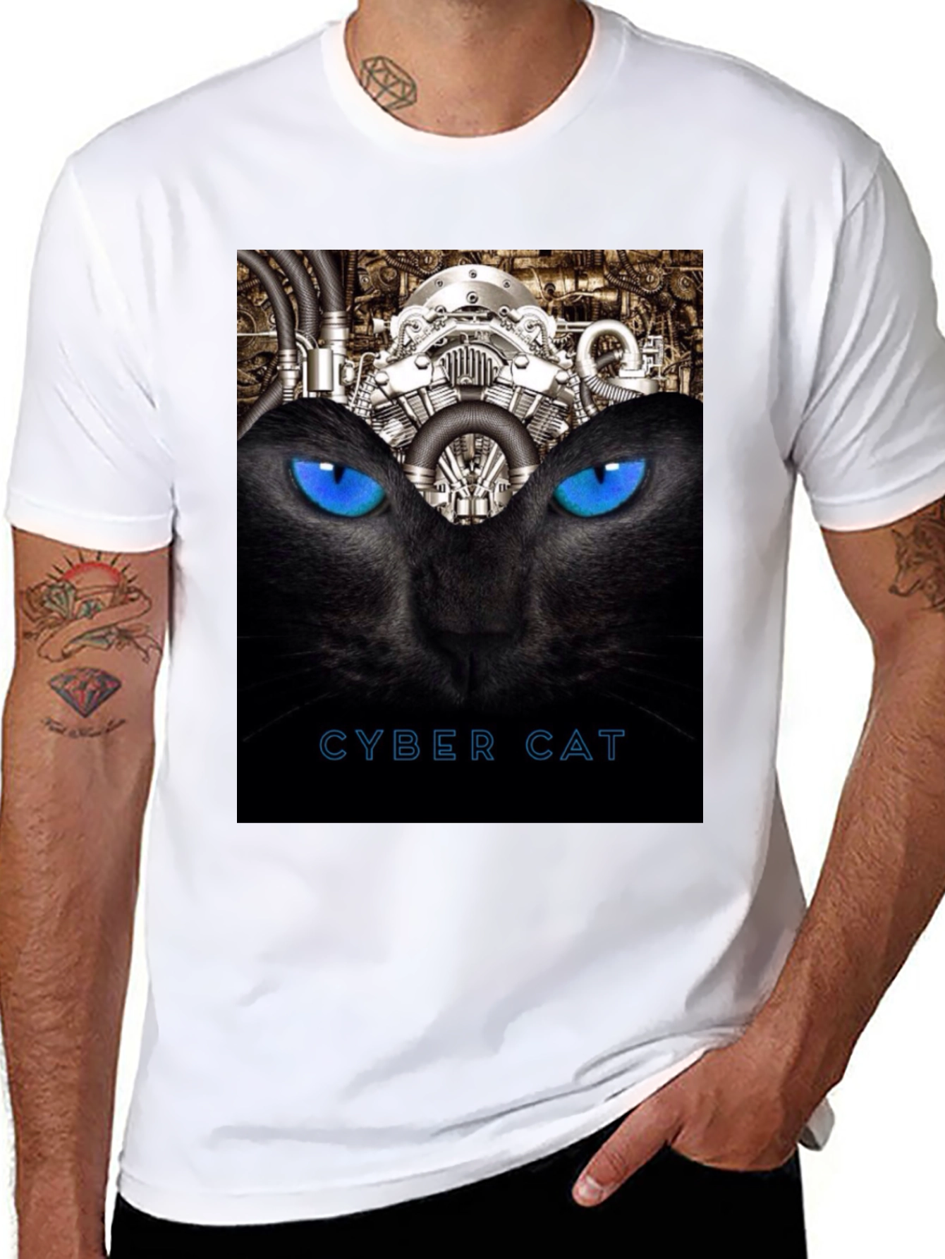 Cyber Cat Graphic T-Shirt - Black