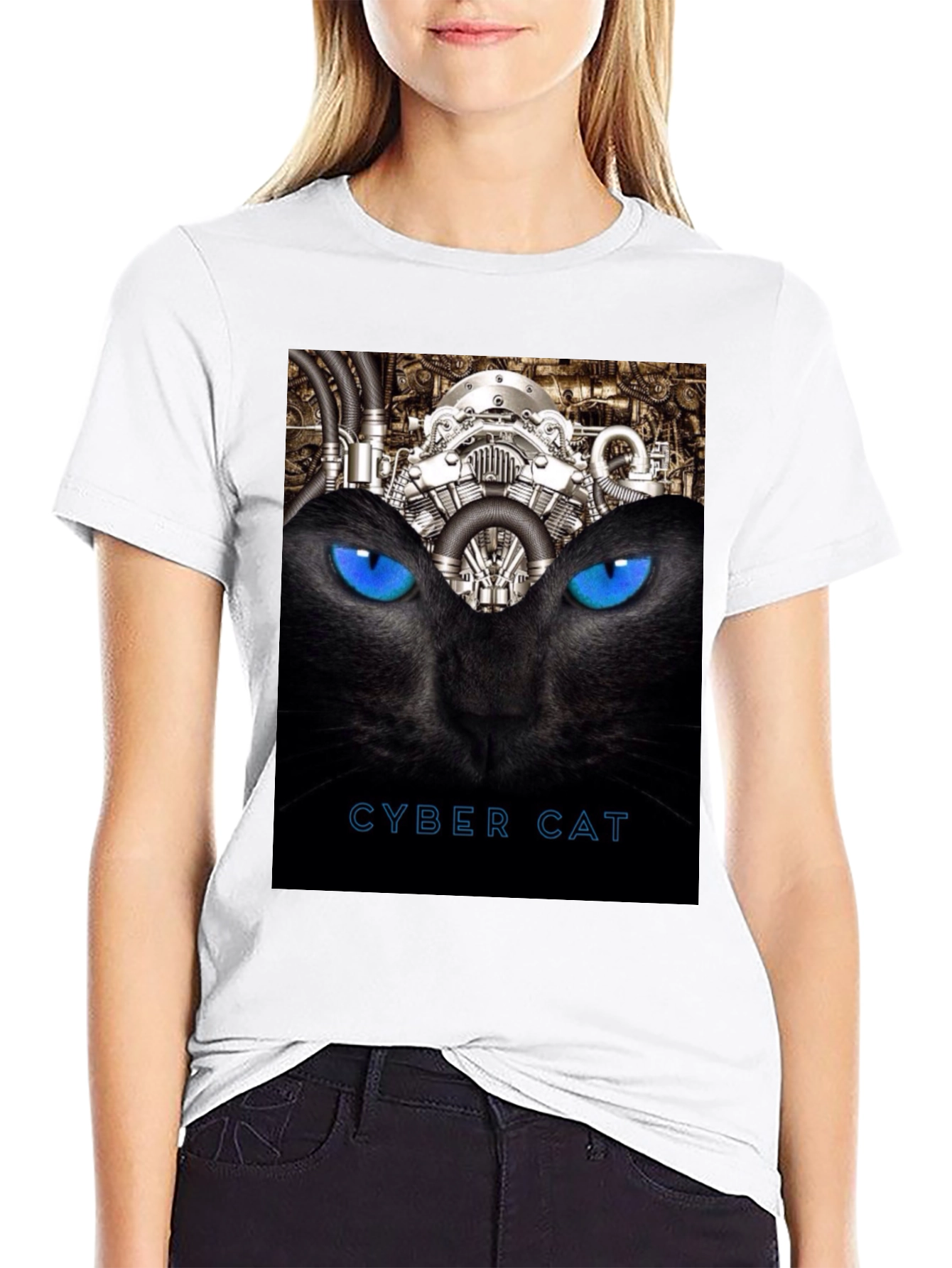 Cyber Cat Graphic T-Shirt - Black