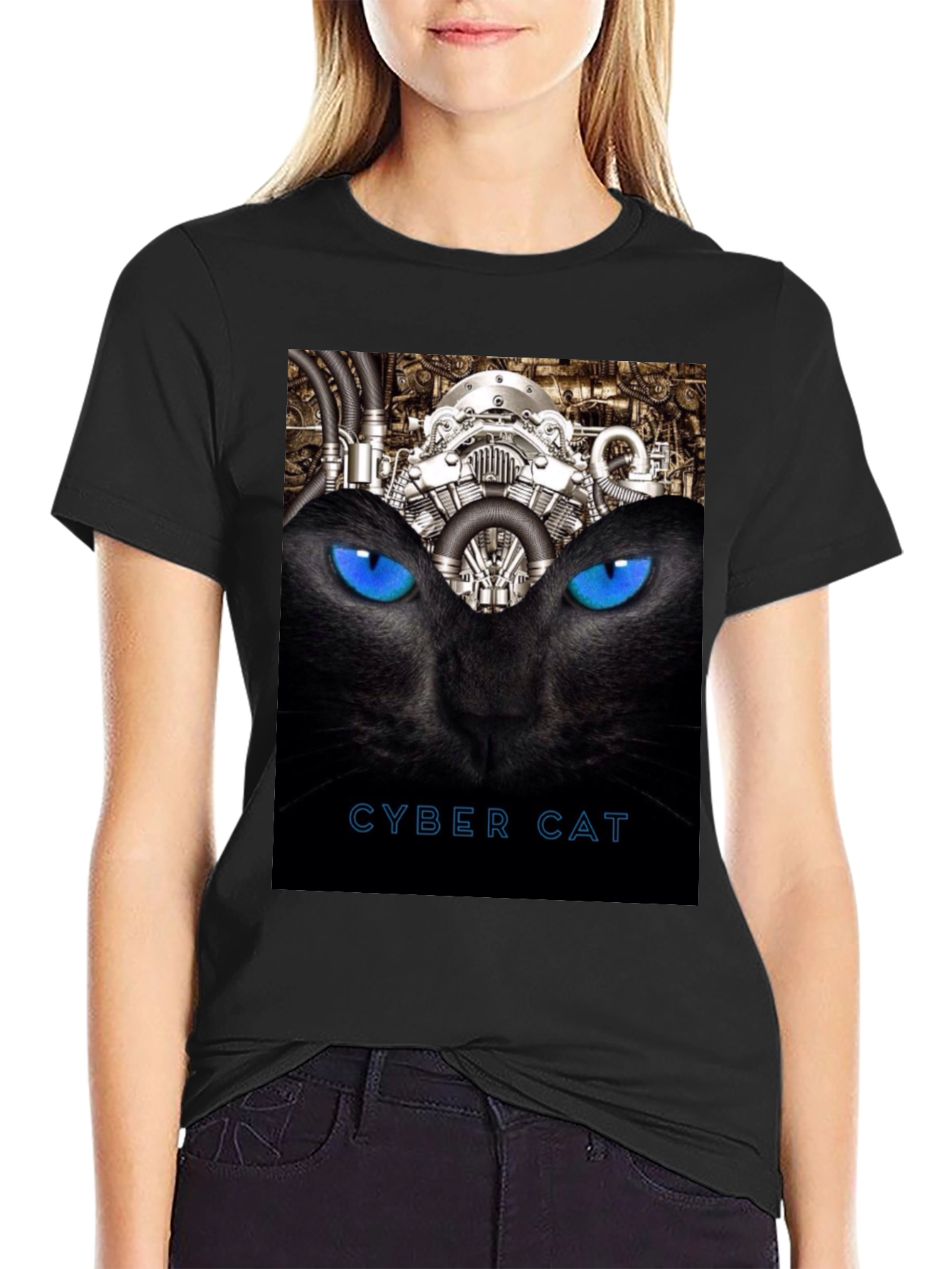 Cyber Cat Graphic T-Shirt - Black