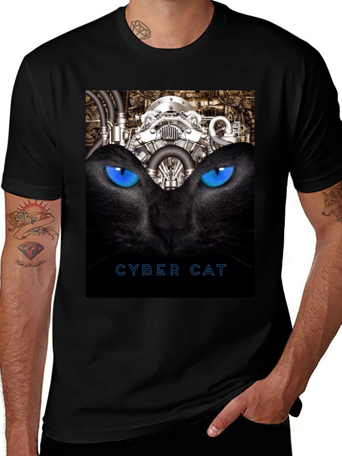 Cyber Cat Graphic T-Shirt - Black
