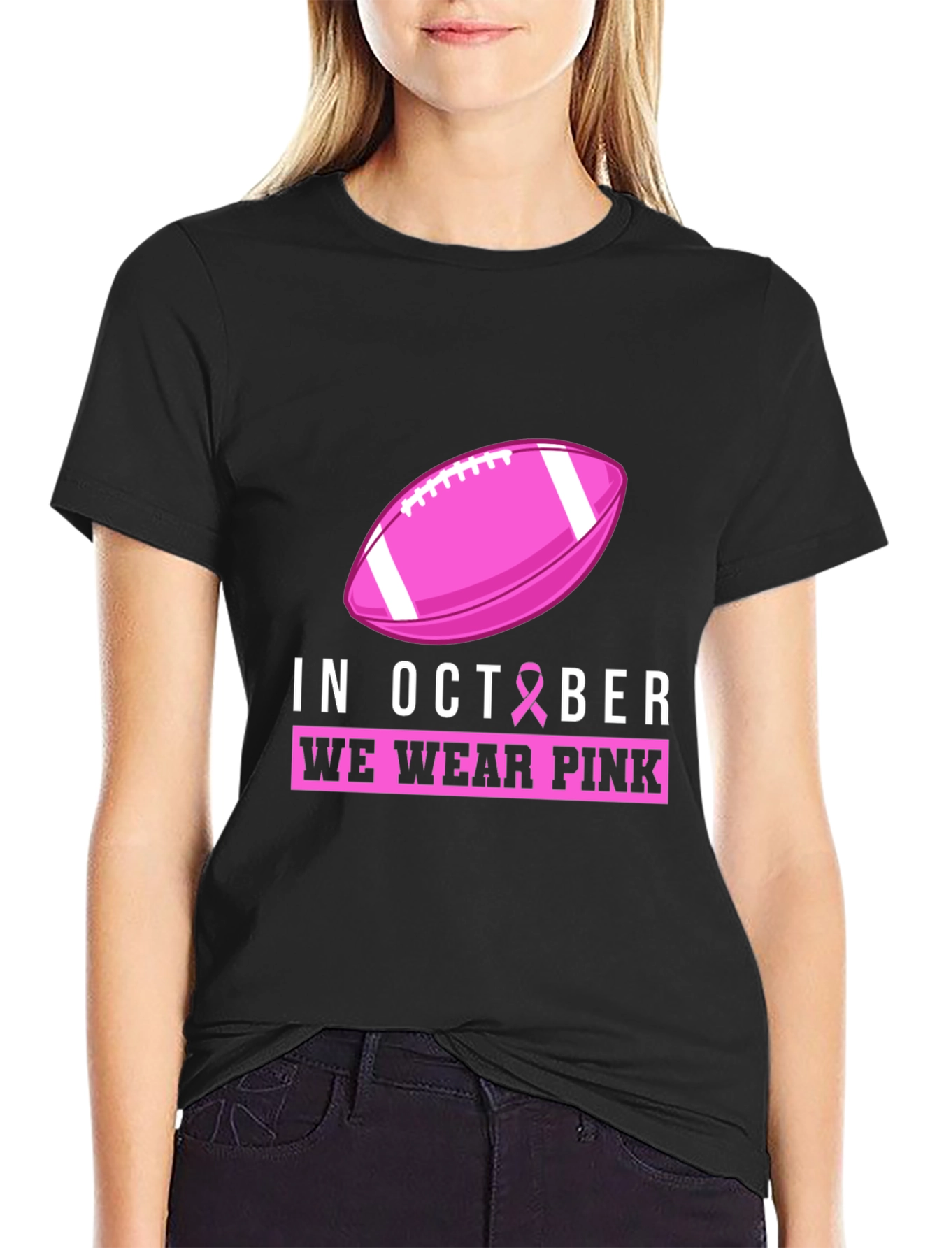 October Breast Cancer Awareness Pink Football T-Shirt