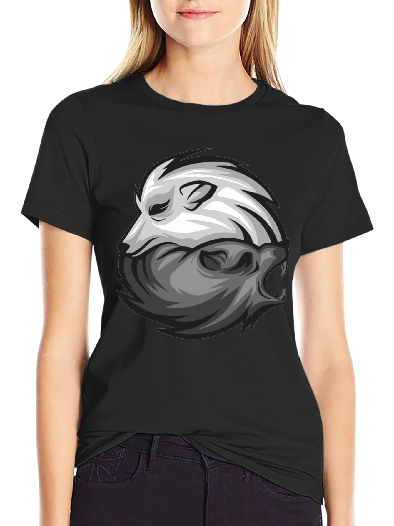 Yin Yang Wolf Graphic Print Black T-Shirt