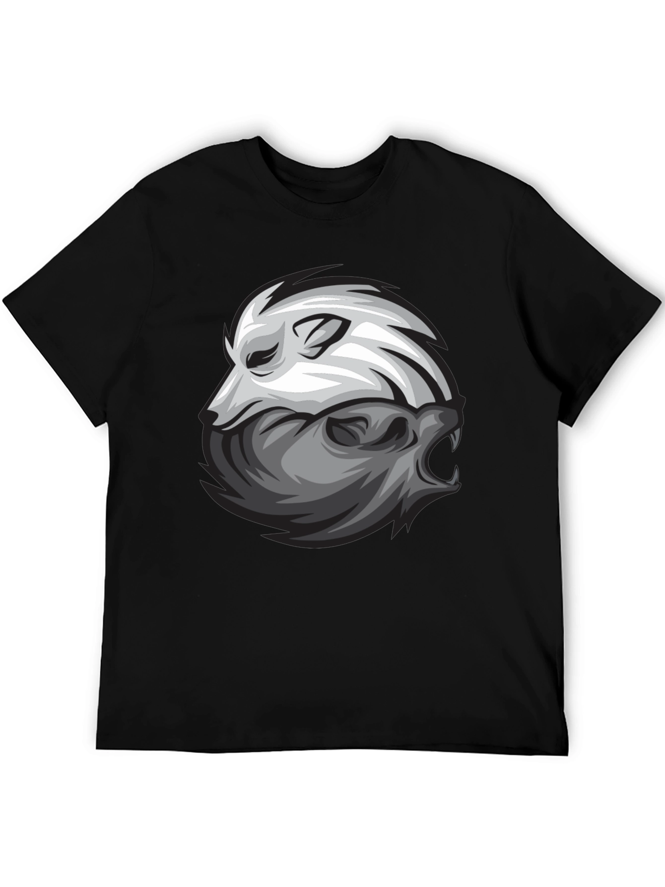 Yin Yang Wolf Graphic Print Black T-Shirt