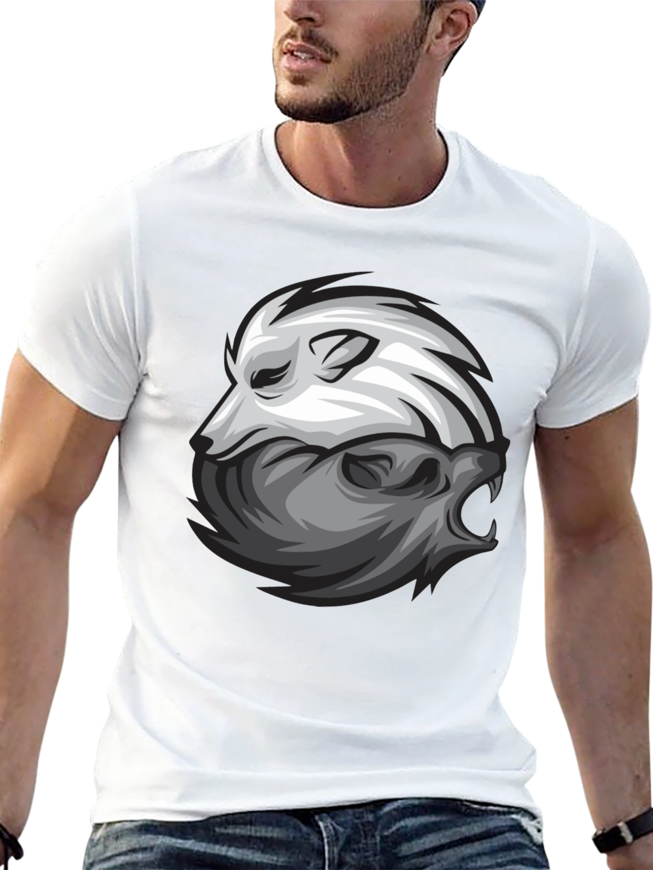 Yin Yang Wolf Graphic Print Black T-Shirt