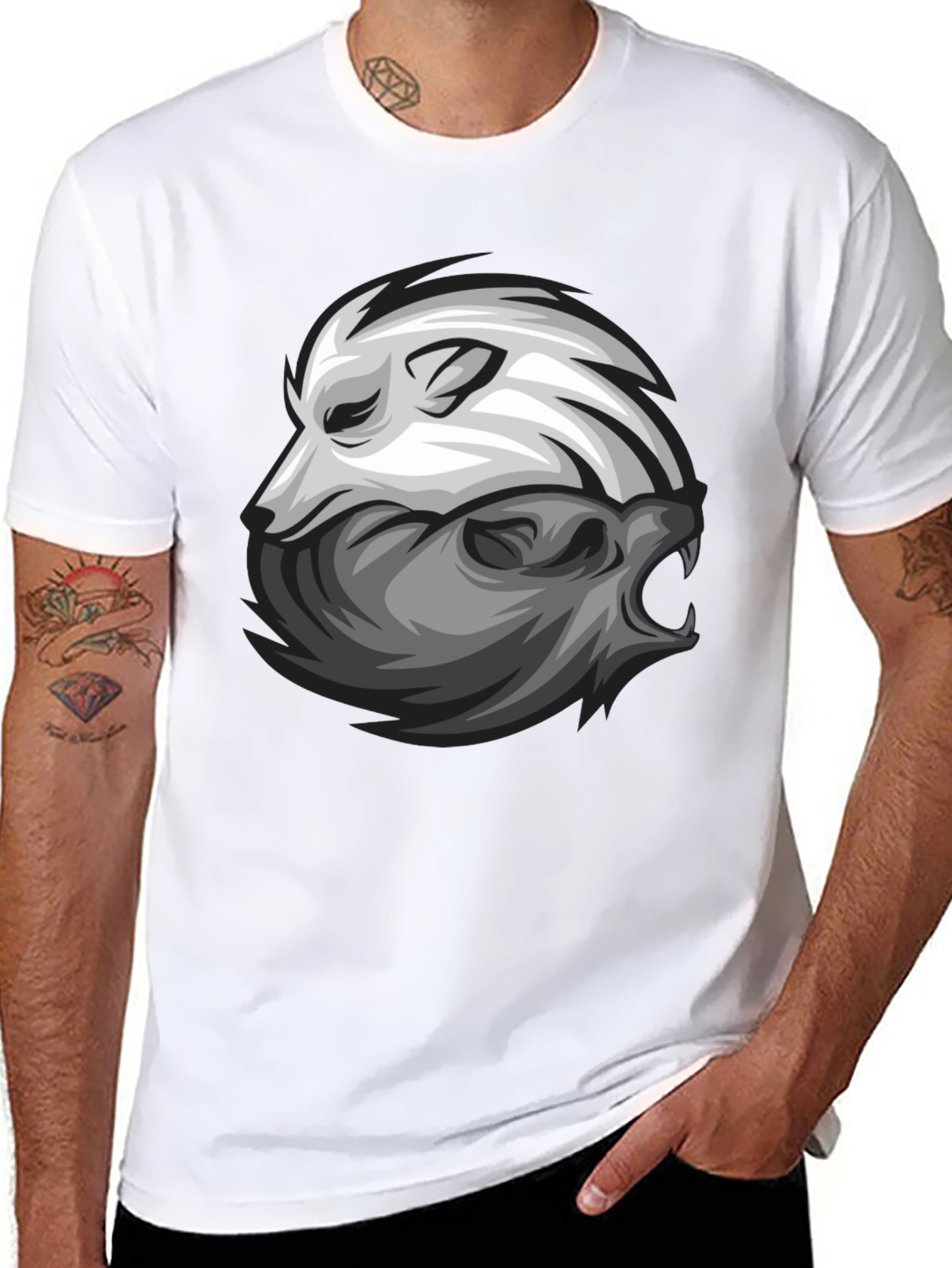 Yin Yang Wolf Graphic Print Black T-Shirt