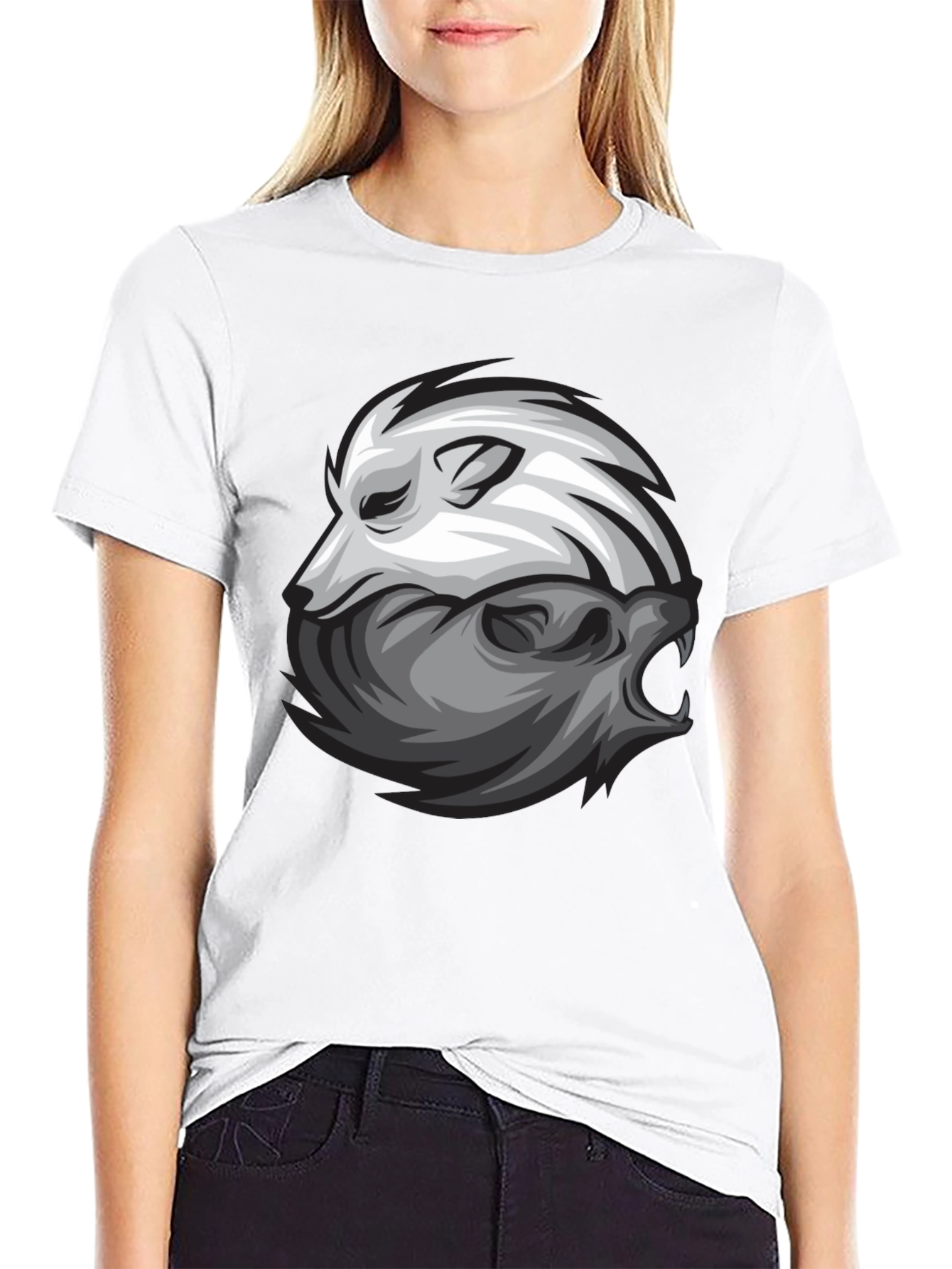 Yin Yang Wolf Graphic Print Black T-Shirt