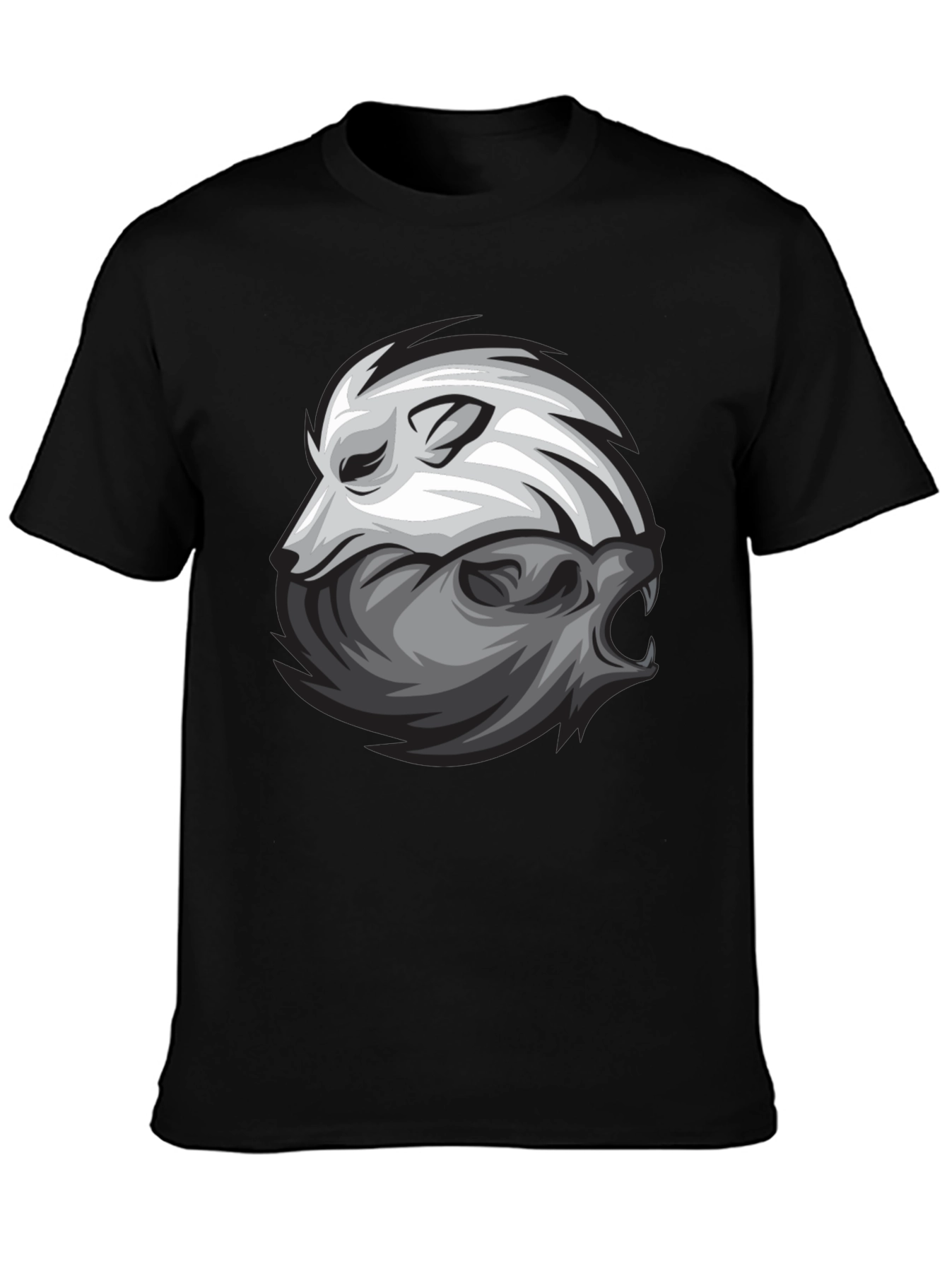 Yin Yang Wolf Graphic Print Black T-Shirt
