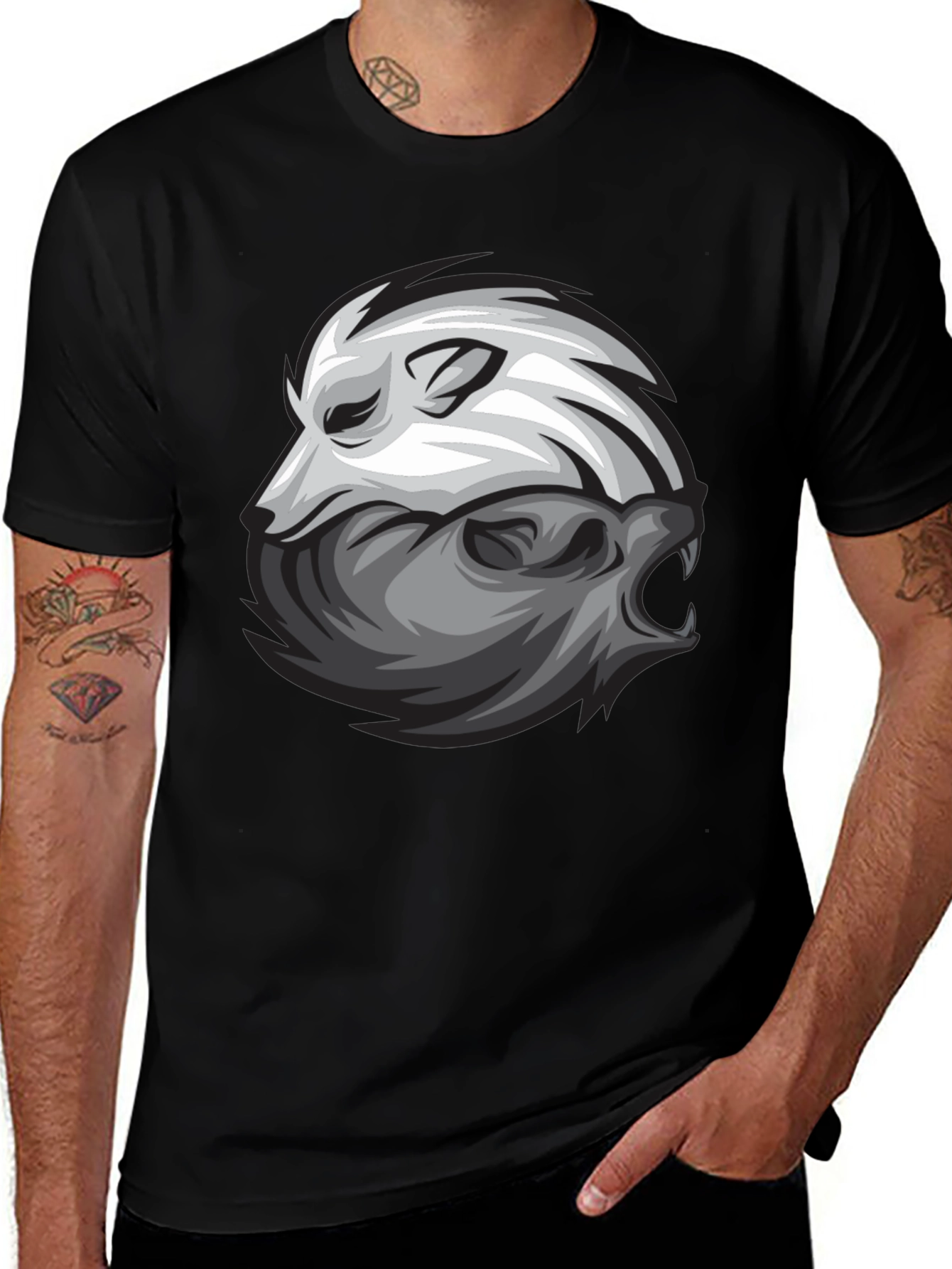 Yin Yang Wolf Graphic Print Black T-Shirt
