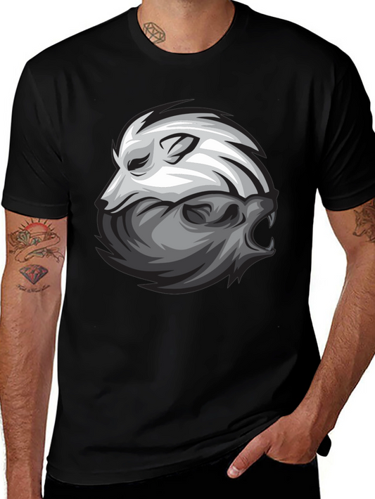 Yin Yang Wolf Graphic Print Black T-Shirt