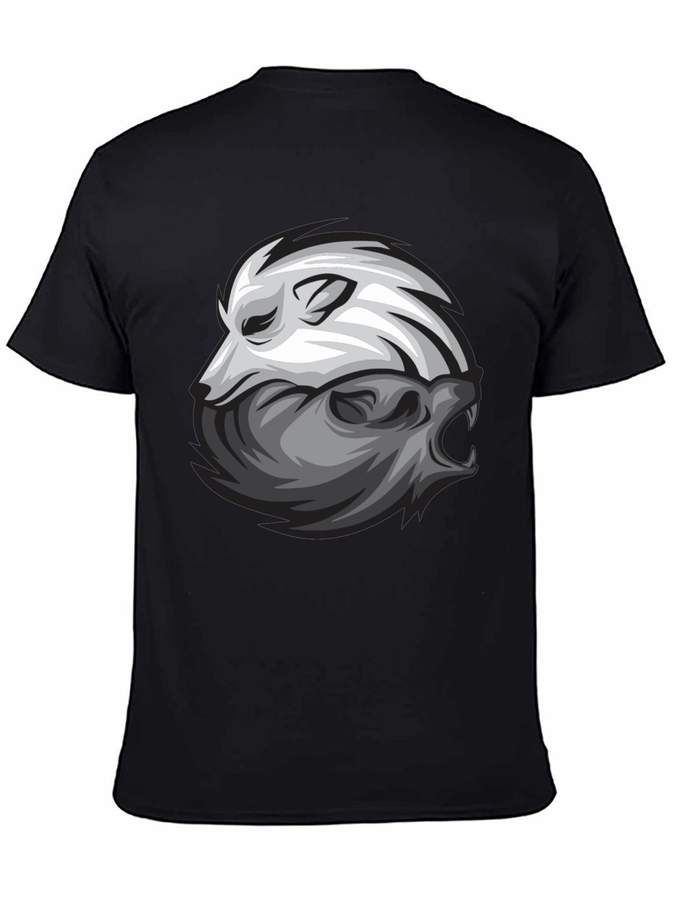 Yin Yang Wolf Graphic Print Black T-Shirt