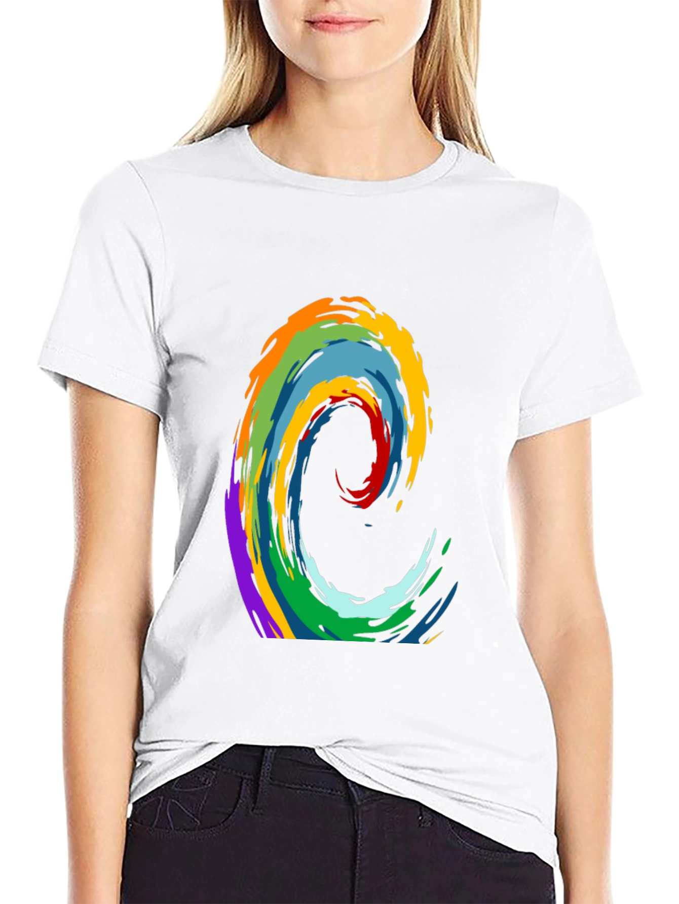 Rainbow Wave Graphic Print Black T-Shirt