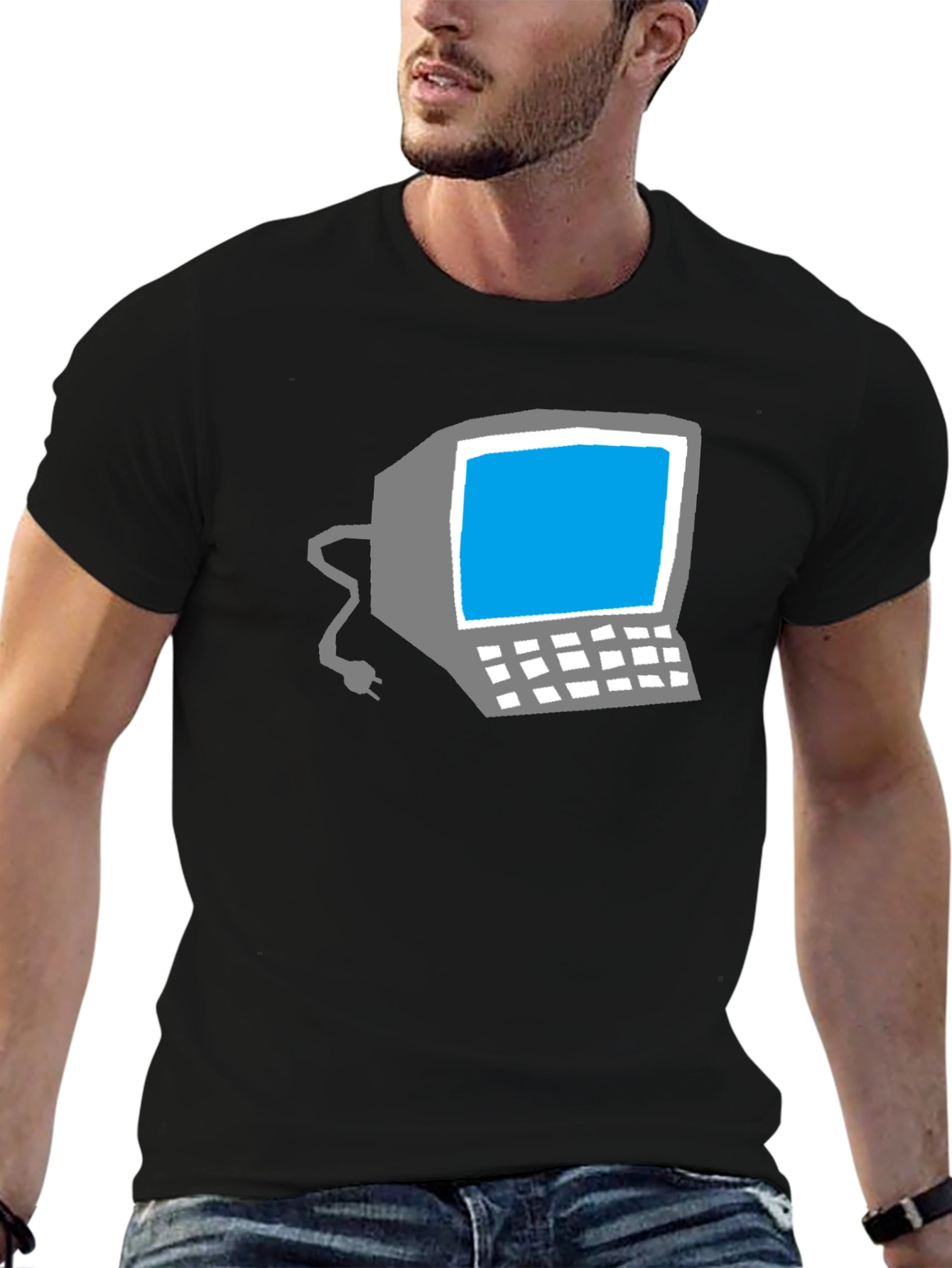 Retro Computer Graphic Tee - Black Cotton T-Shirt