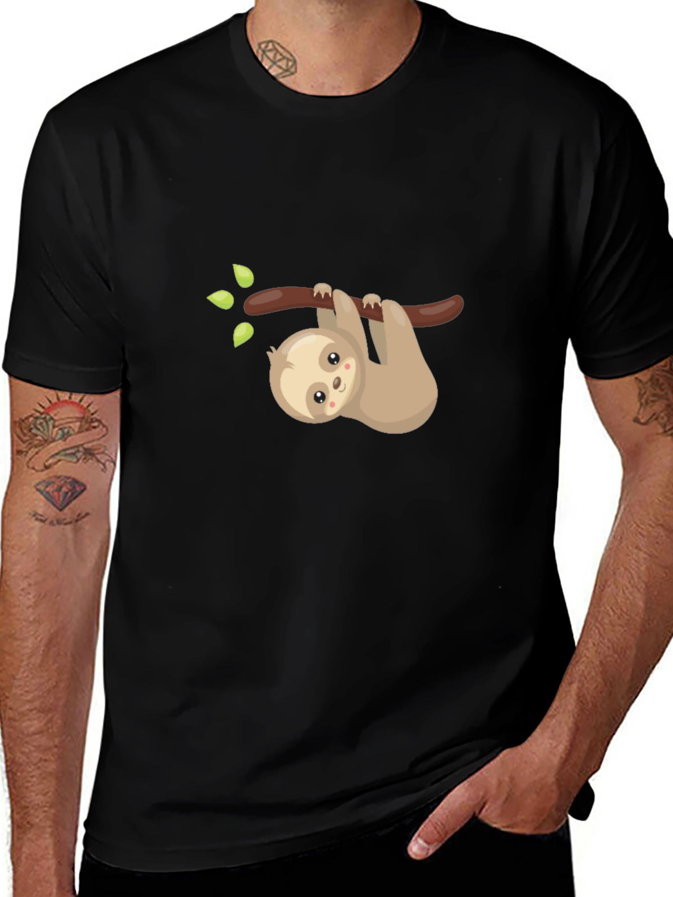 Cute Sloth On Branch Graphic Tee - Black Cotton
