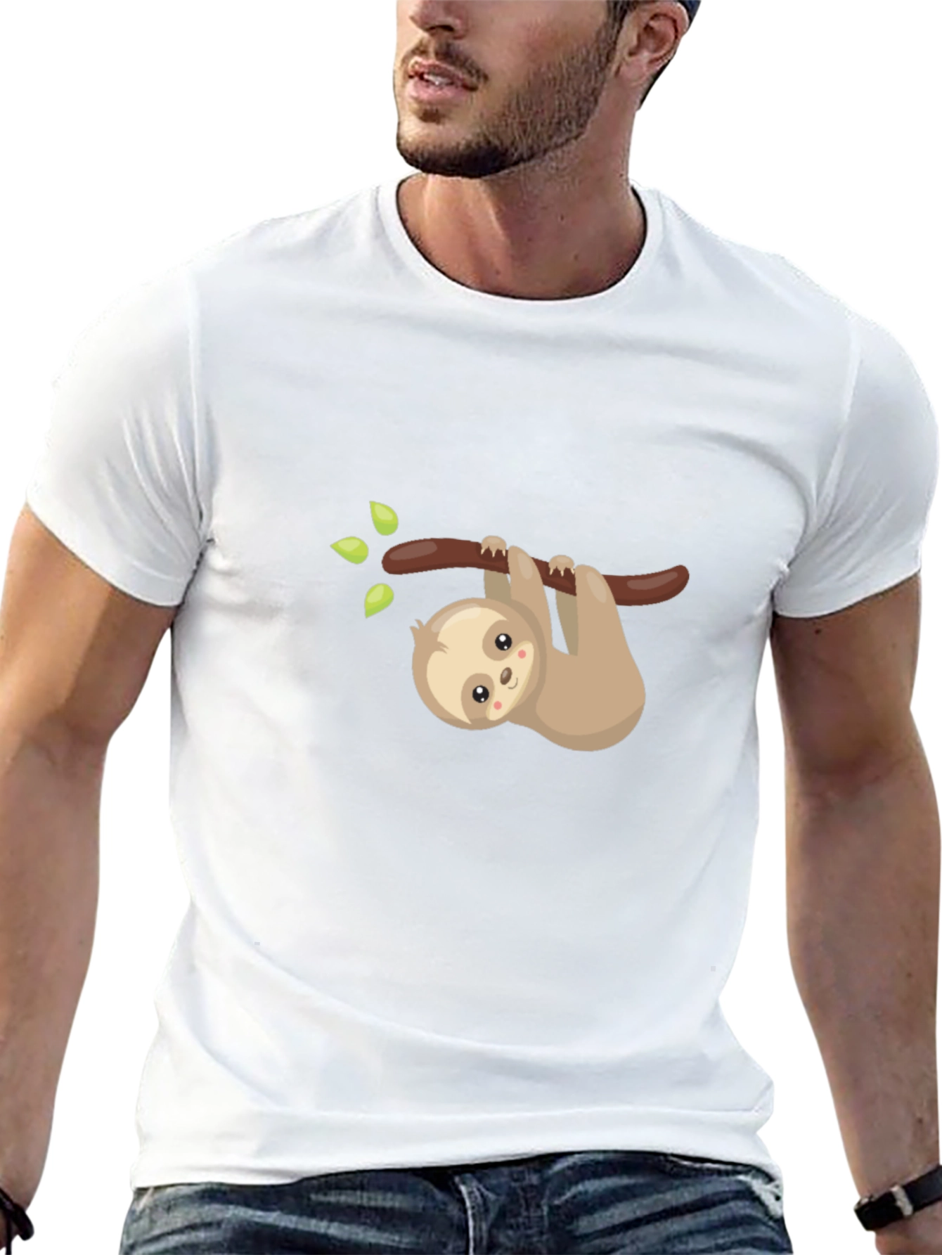 Cute Sloth On Branch Graphic Tee - Black Cotton