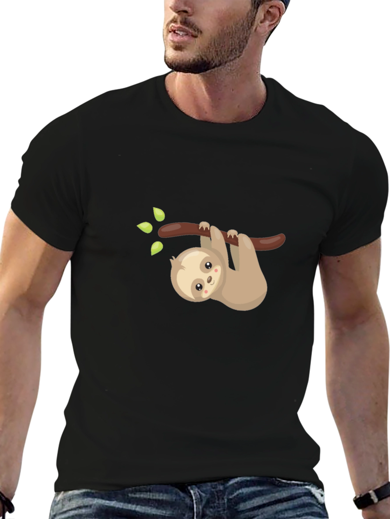 Cute Sloth On Branch Graphic Tee - Black Cotton