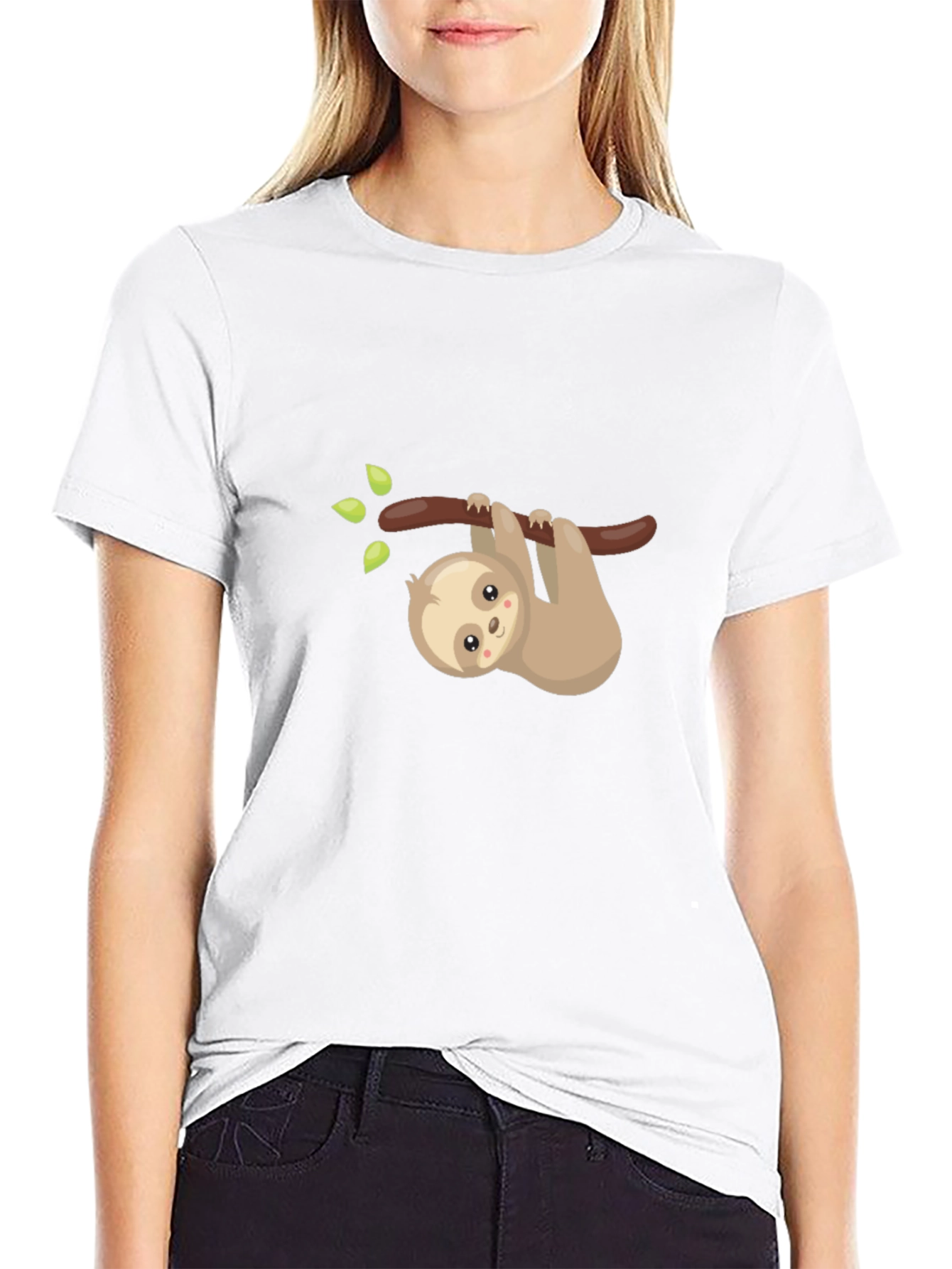 Cute Sloth On Branch Graphic Tee - Black Cotton