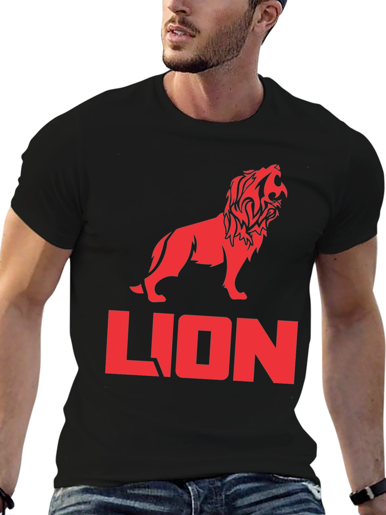 Lion Graphic Tee - Bold Red Print on Black