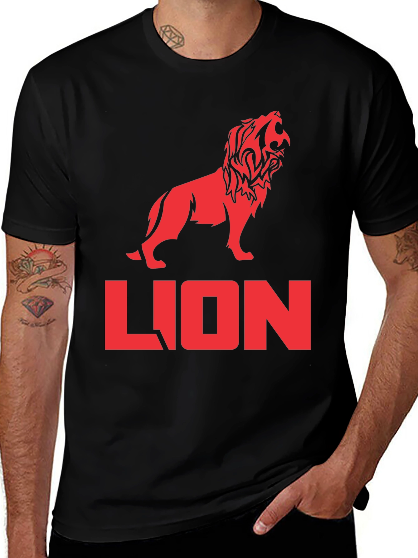 Lion Graphic Tee - Bold Red Print on Black