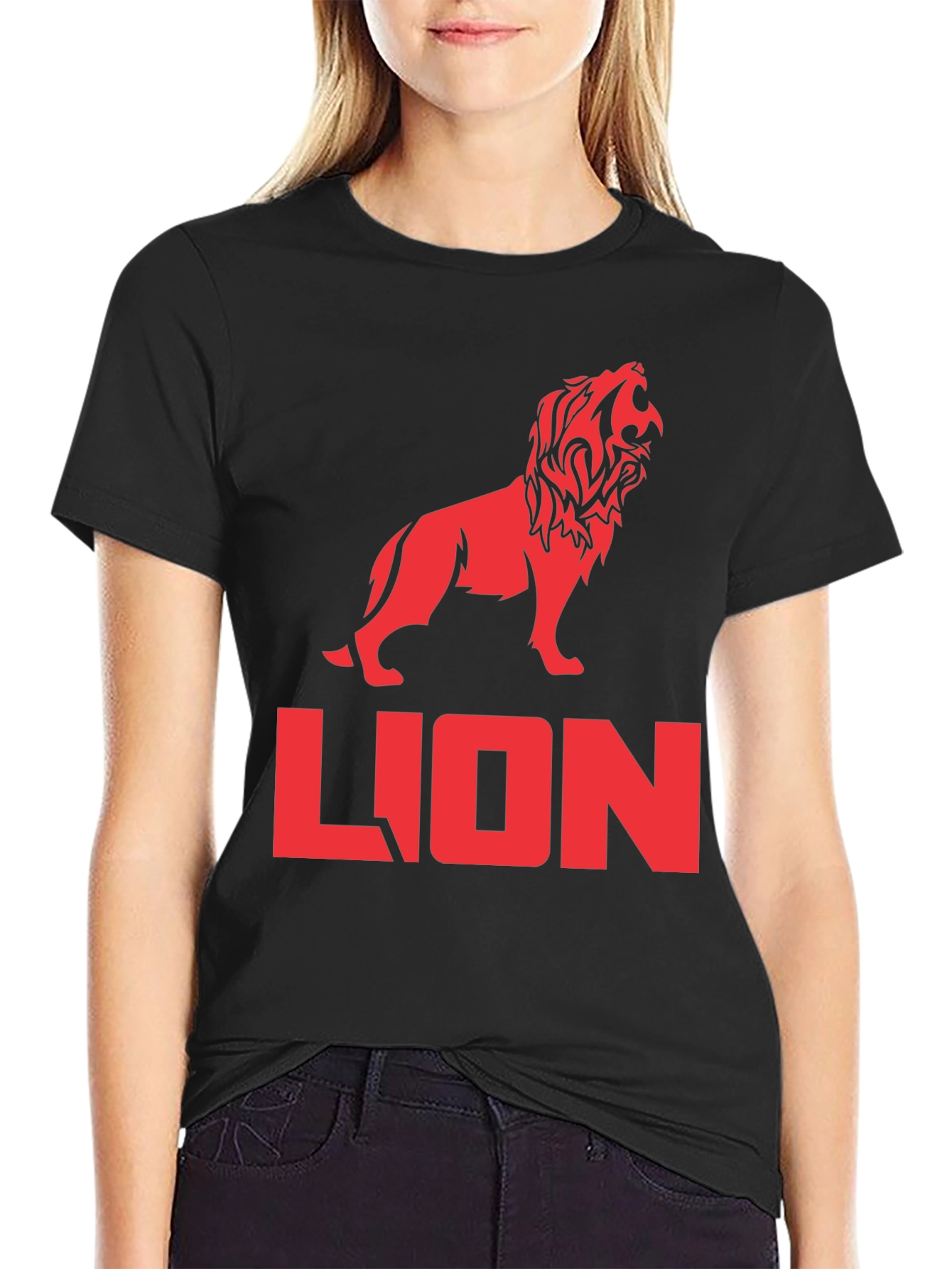 Lion Graphic Tee - Bold Red Print on Black