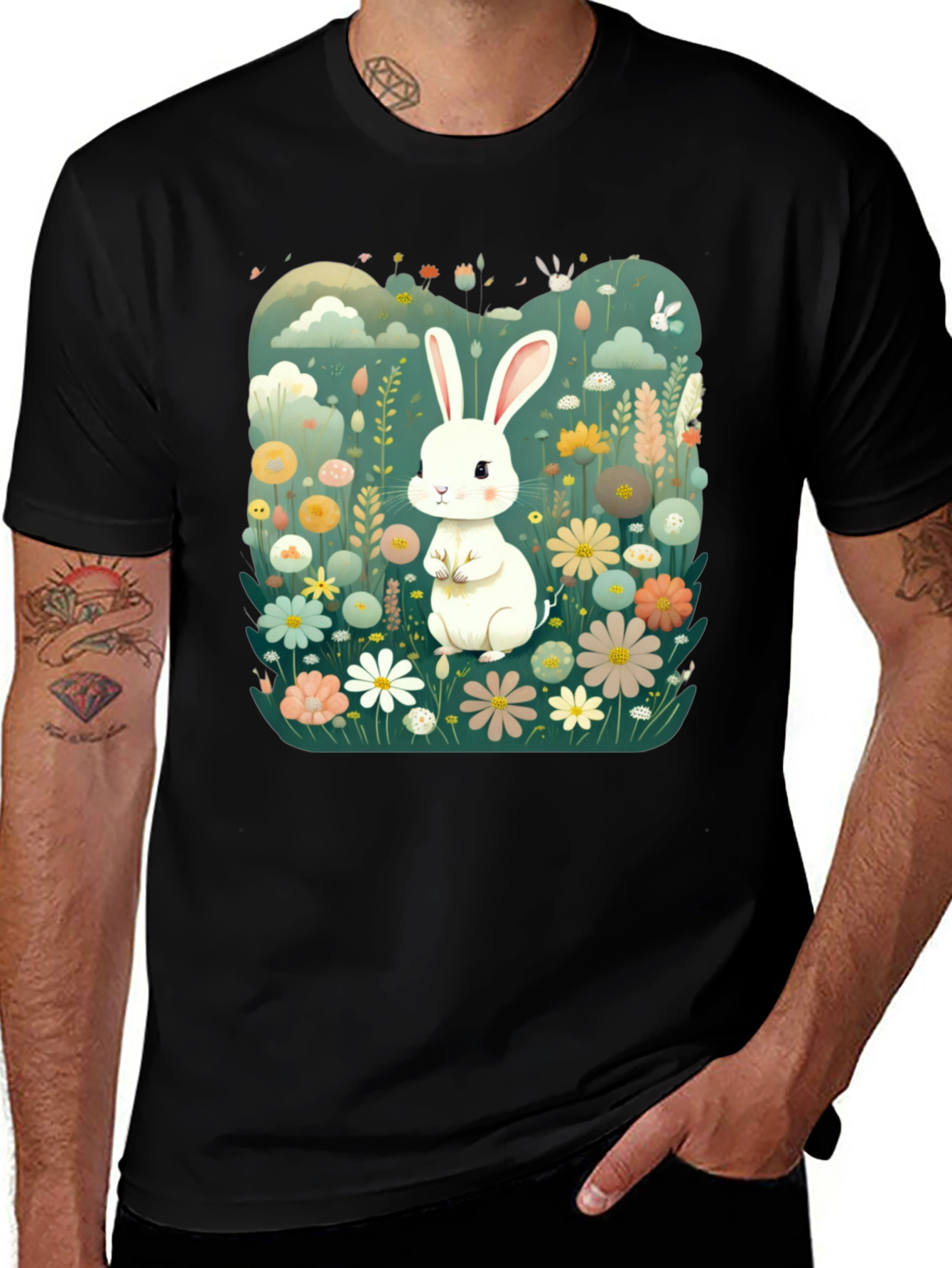 Cute Bunny in Flower Field Graphic Tee