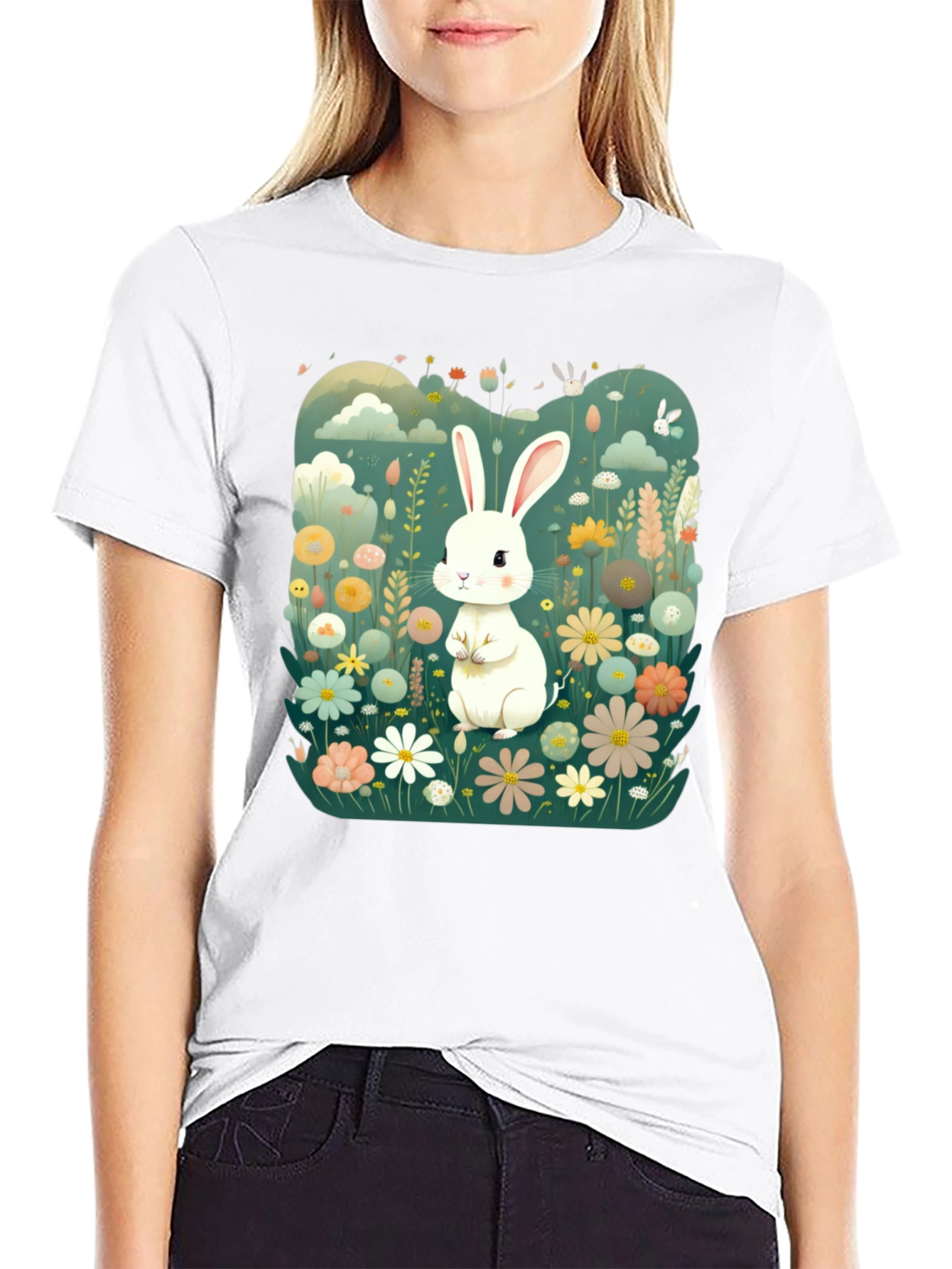 Cute Bunny in Flower Field Graphic Tee