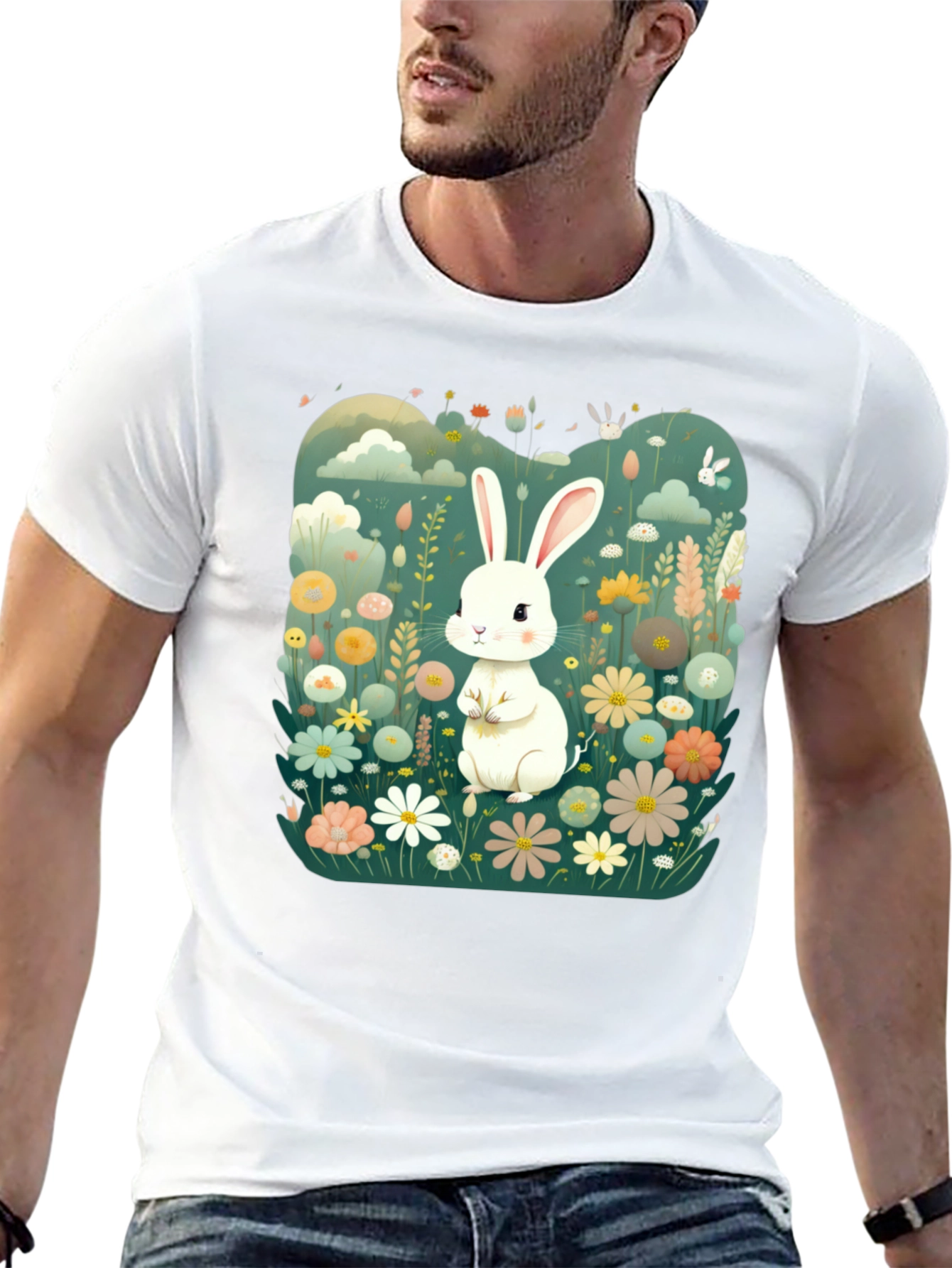 Cute Bunny in Flower Field Graphic Tee