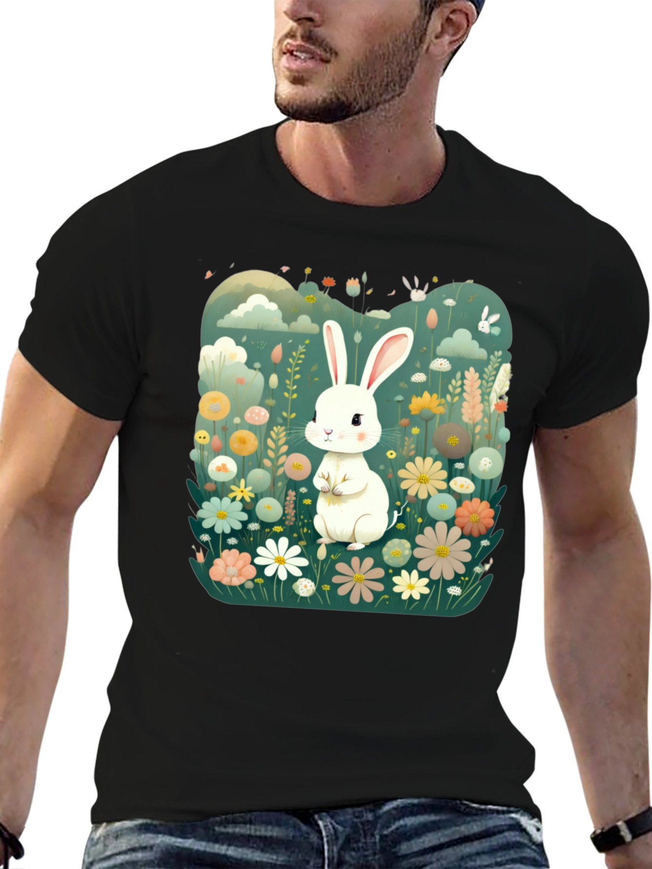 Cute Bunny in Flower Field Graphic Tee